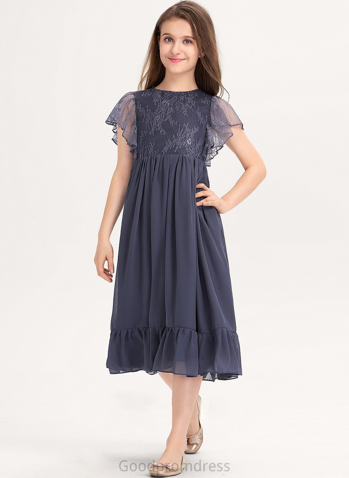 Scoop Knee-Length A-Line Lace Junior Bridesmaid Dresses Ruffles Chiffon With Neck Cascading Dulce