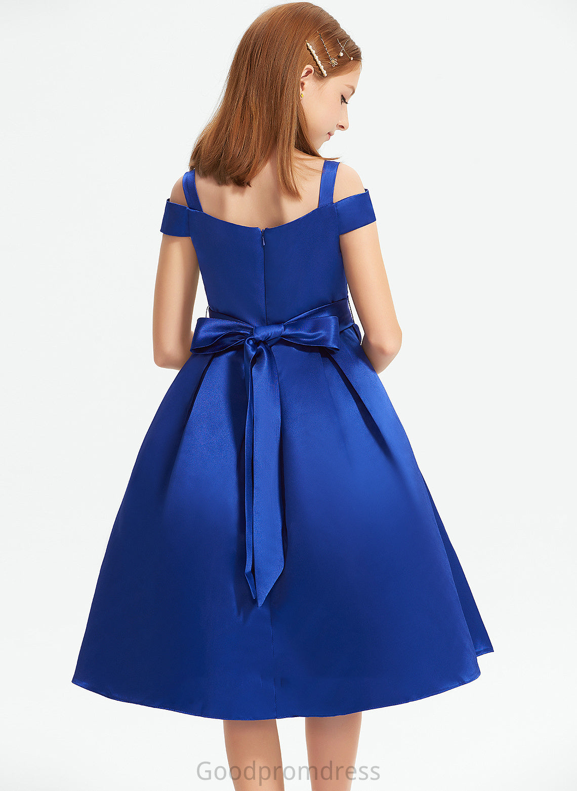 Off-the-Shoulder Satin With A-Line Junior Bridesmaid Dresses Bow(s) Ashly Beading Knee-Length