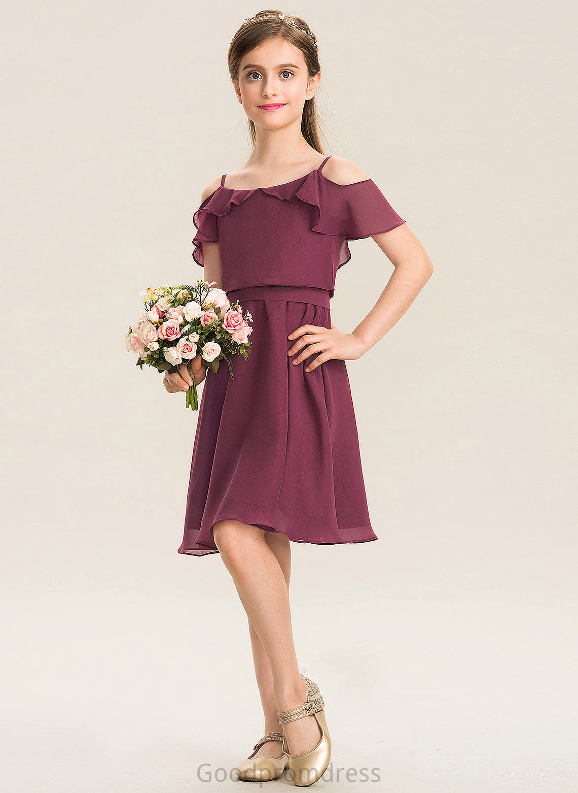 Off-the-Shoulder With Junior Bridesmaid Dresses Knee-Length Cascading Chiffon Bow(s) A-Line Juliet Ruffles