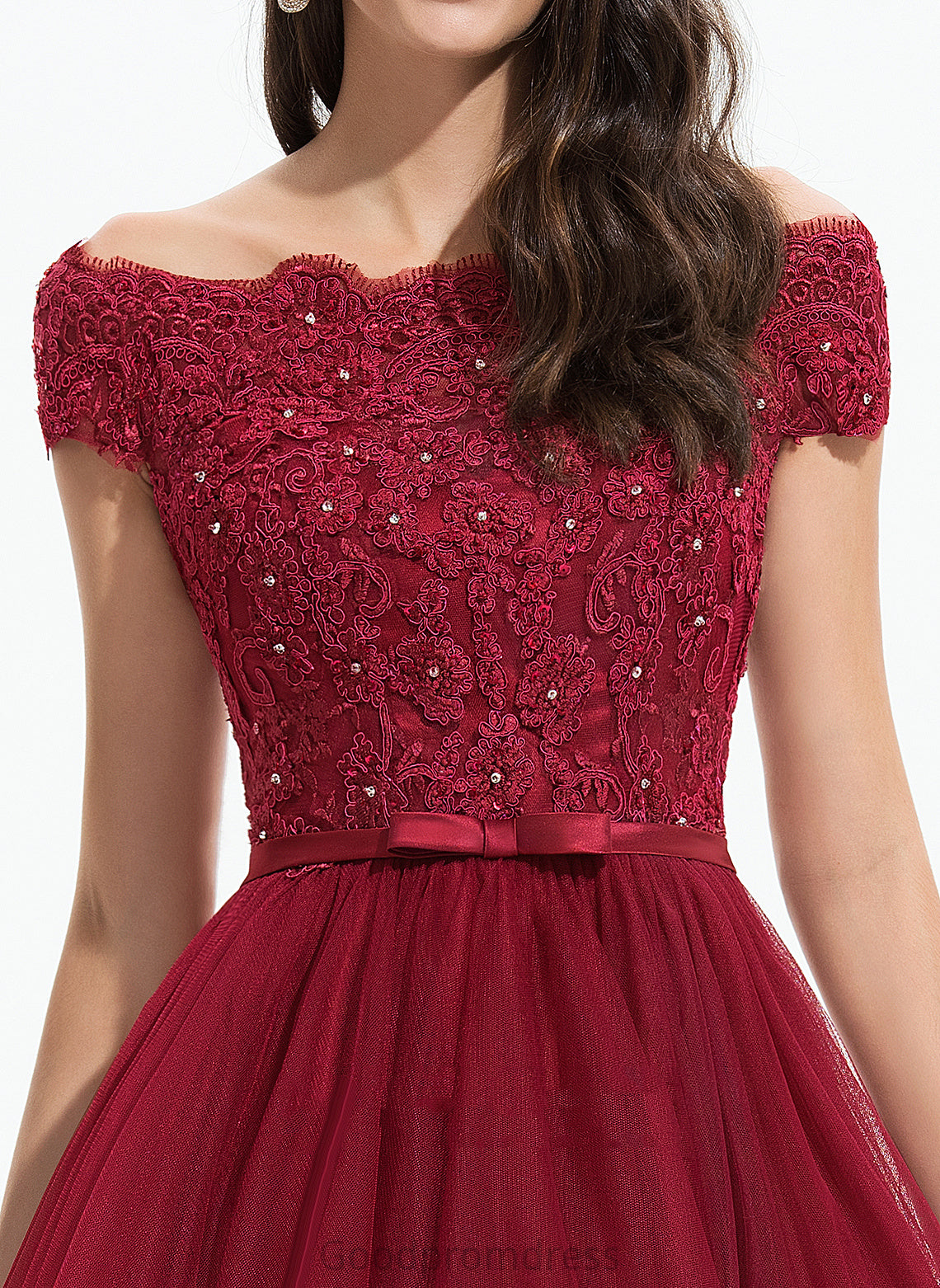 Prom Dresses Sequins Off-the-Shoulder A-Line Asymmetrical Macy Tulle Bow(s) Lace Beading With