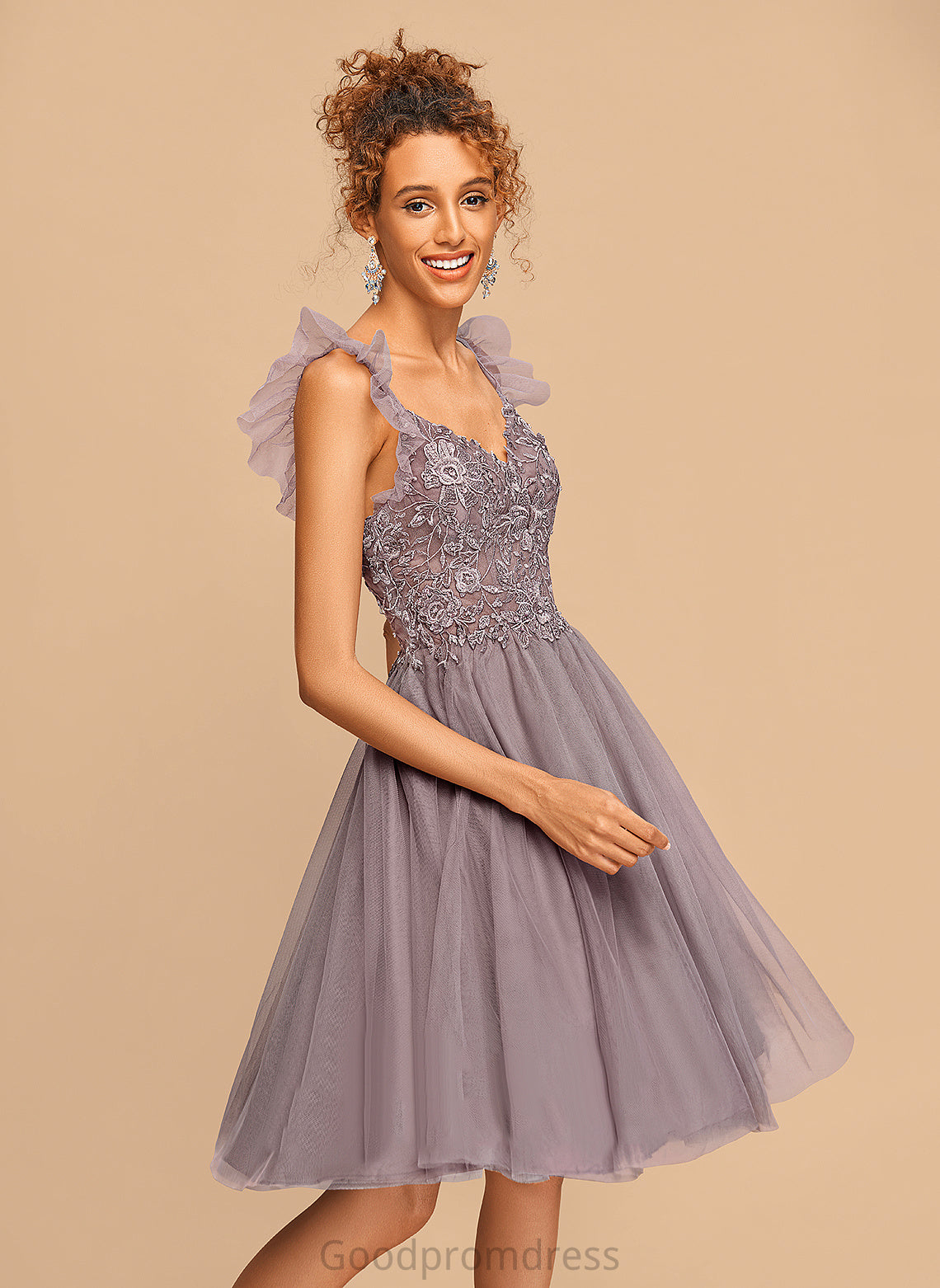 Homecoming Tulle Dress Cascading Homecoming Dresses V-neck Carleigh Lace A-Line With Knee-Length Ruffles