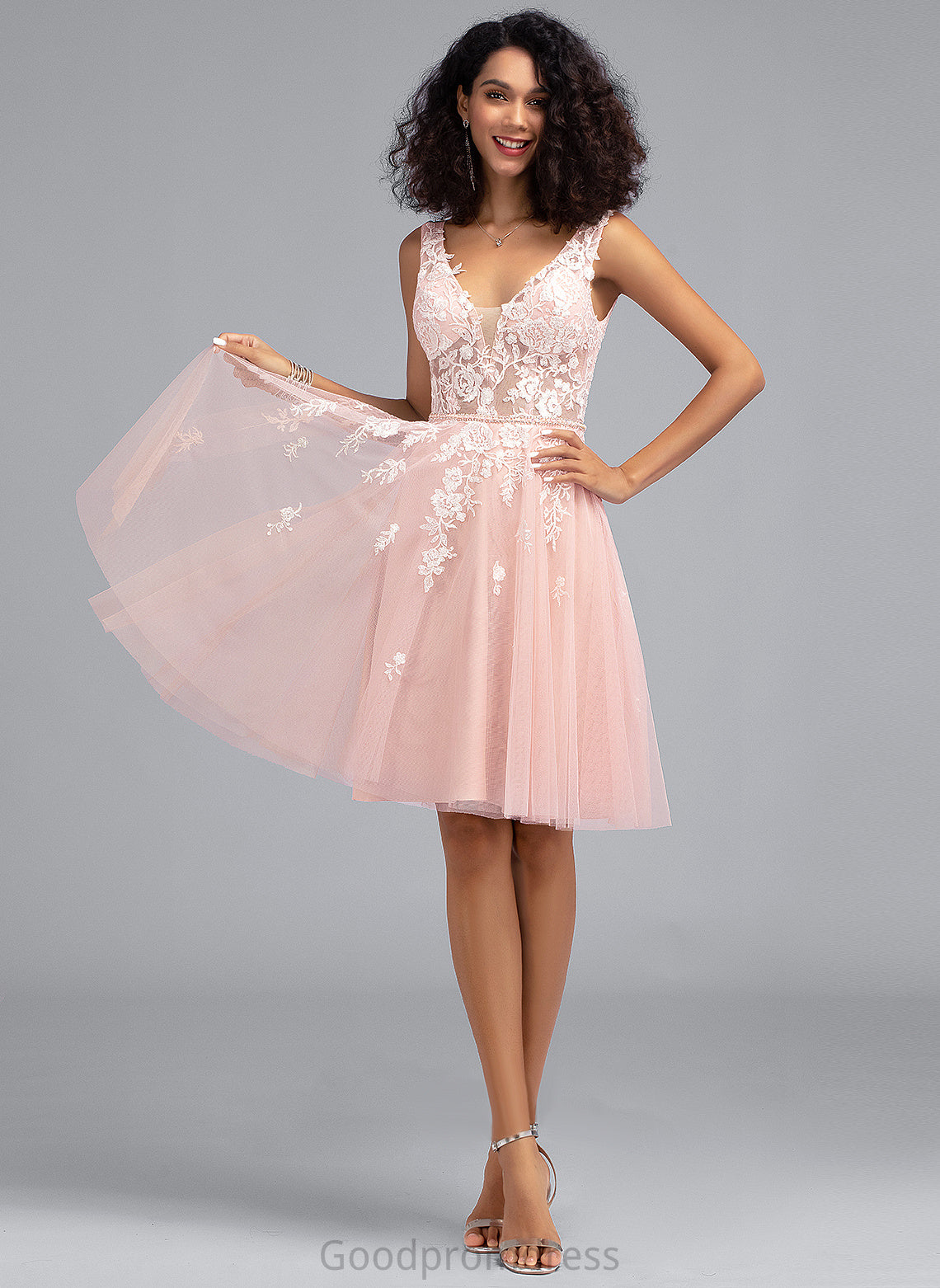 Tulle Sequins Beading V-neck Kaiya Lace Dress Homecoming Dresses Homecoming With A-Line Knee-Length