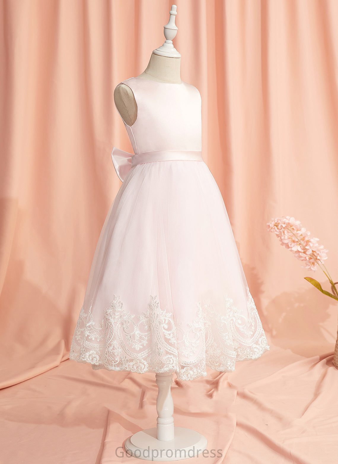 Neck - Lace/Bow(s) Ball-Gown/Princess Flower Girl Dresses Flower Dress Shirley Girl Tea-length Scoop Satin/Tulle Sleeveless With