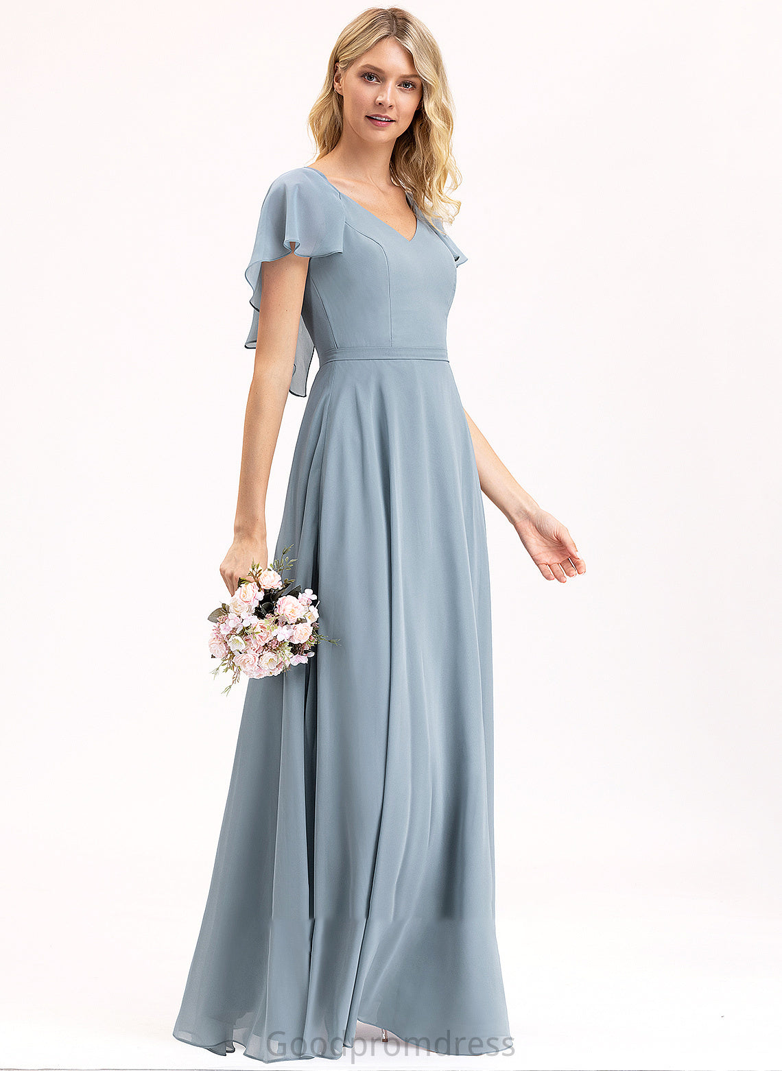 Silhouette Embellishment V-neck CascadingRuffles Neckline Floor-Length Length Fabric A-Line Kyleigh Sleeveless Floor Length Bridesmaid Dresses