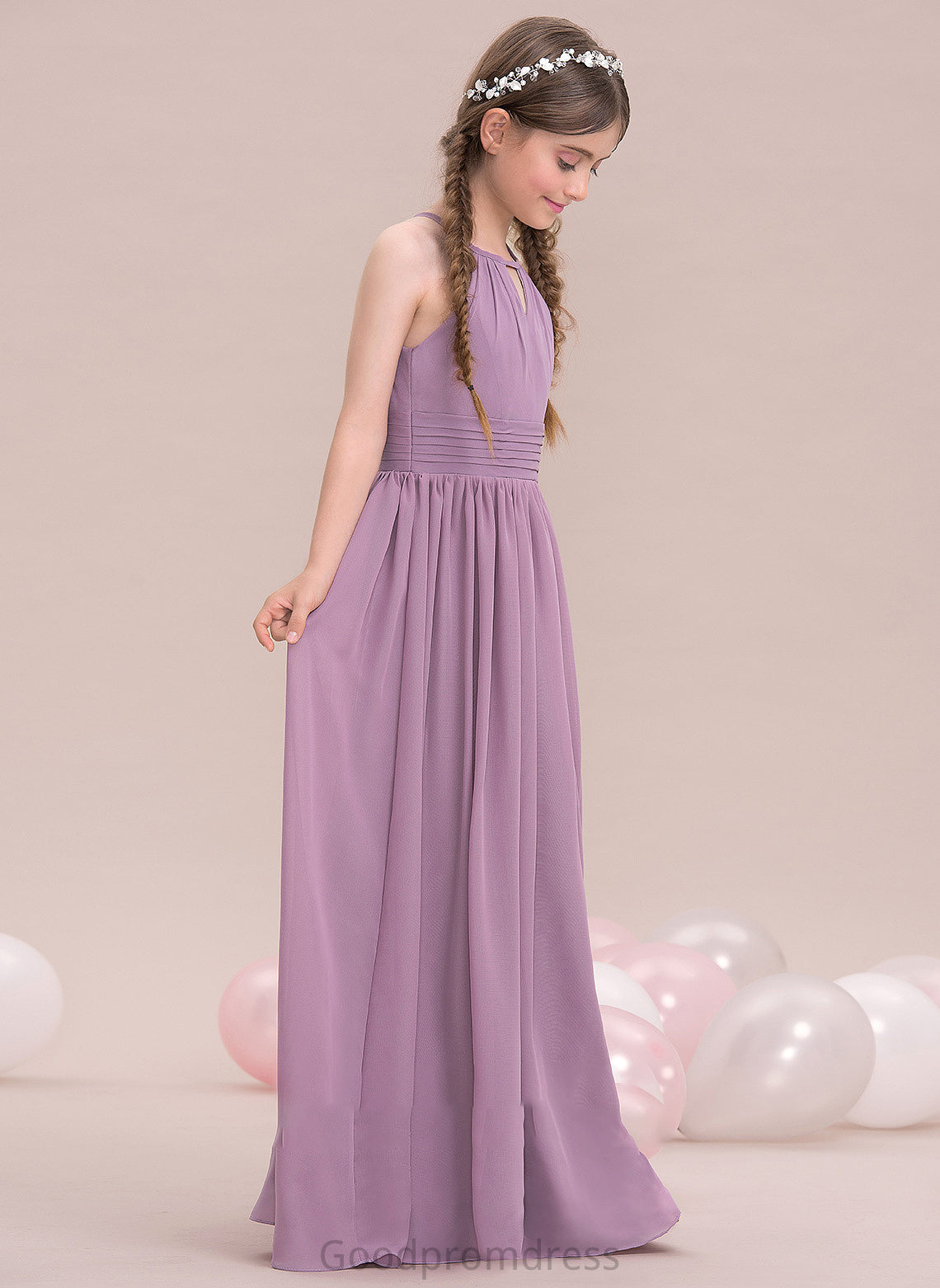 Haley A-LineScoopNeckFloor-LengthChiffonJuniorBridesmaidDressWithRuffle#119580 Junior Bridesmaid Dresses