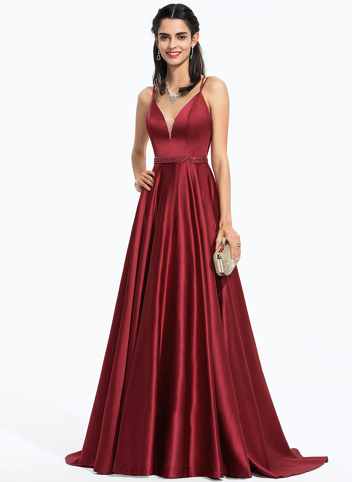 Train Split Front A-Line With Prom Dresses Danika Sweep Satin V-neck Beading Sequins