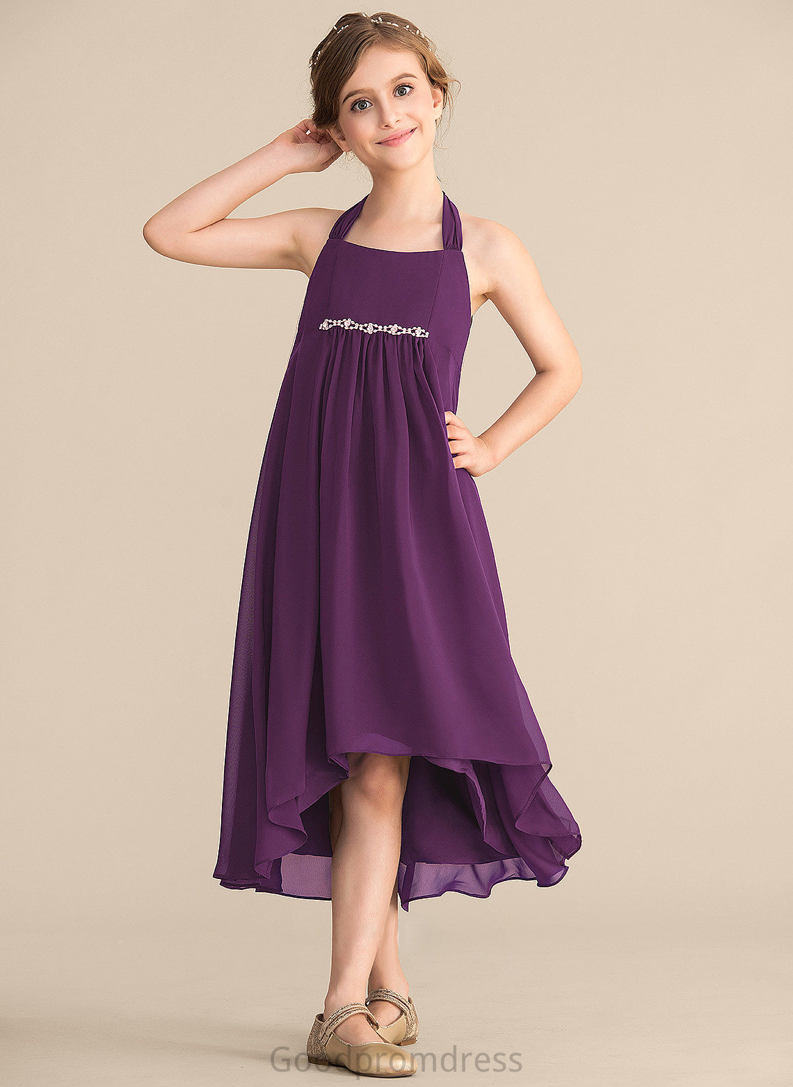 Empire Asymmetrical Beading Chiffon With Germaine Bow(s) Halter Junior Bridesmaid Dresses