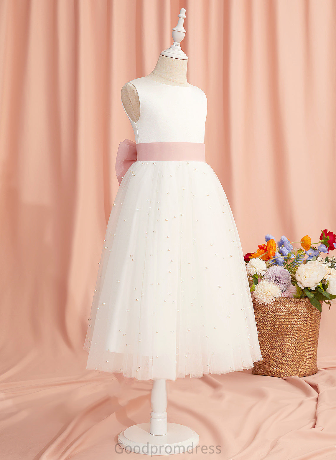 Satin/Tulle Sash/Bow(s)/V With Flower Dress Tea-length Girl Neck Back - A-Line Scoop Sleeveless Flower Girl Dresses Maisie