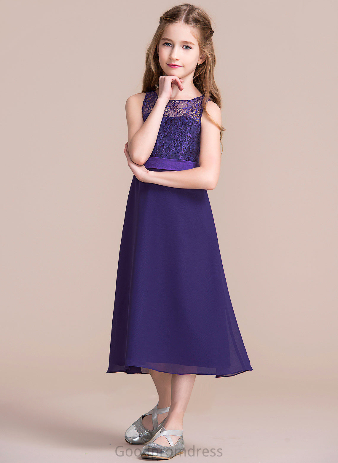 Neck Tea-Length Patsy Junior Bridesmaid Dresses A-Line Scoop Chiffon