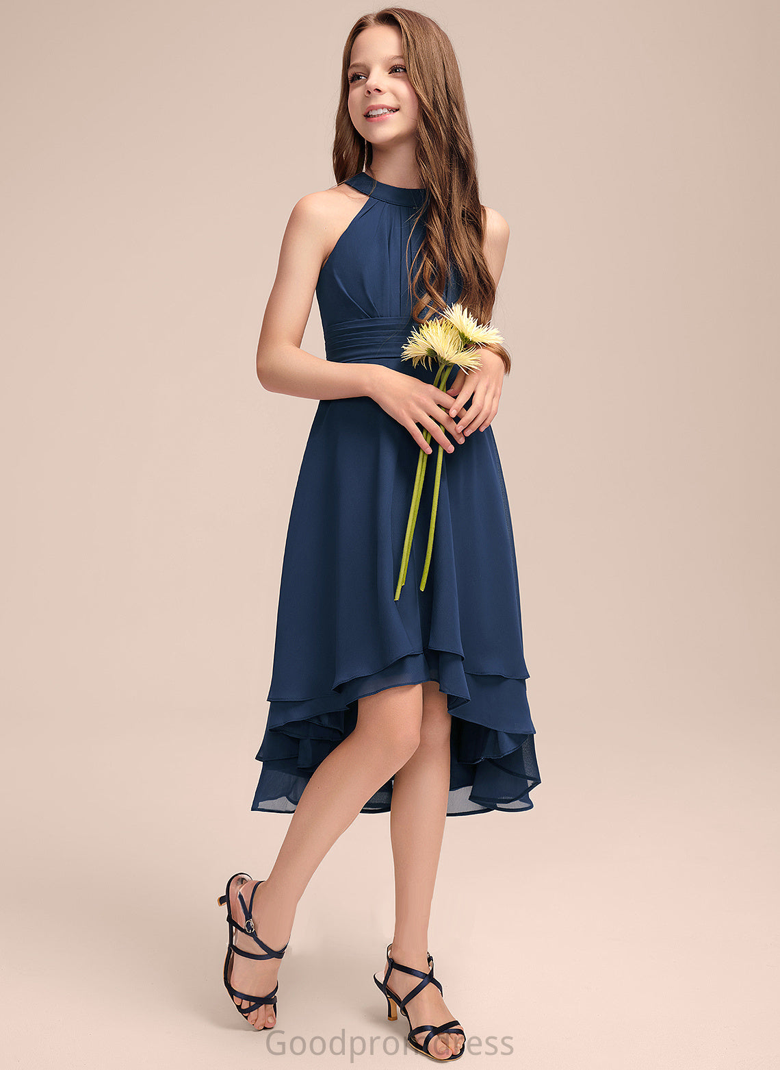 A-Line Junior Bridesmaid Dresses Asymmetrical With Scoop Ruffles Deja Chiffon Neck