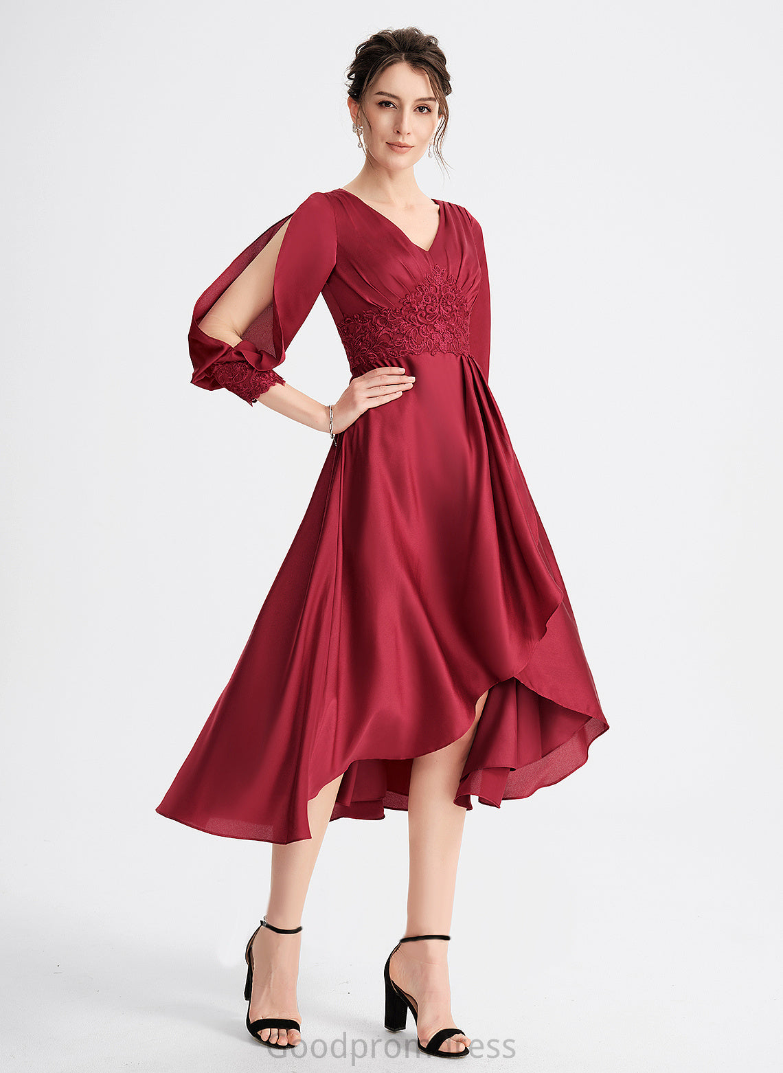 Cocktail Dresses A-Line Asymmetrical Cocktail Shayla Lace V-neck Dress Satin With