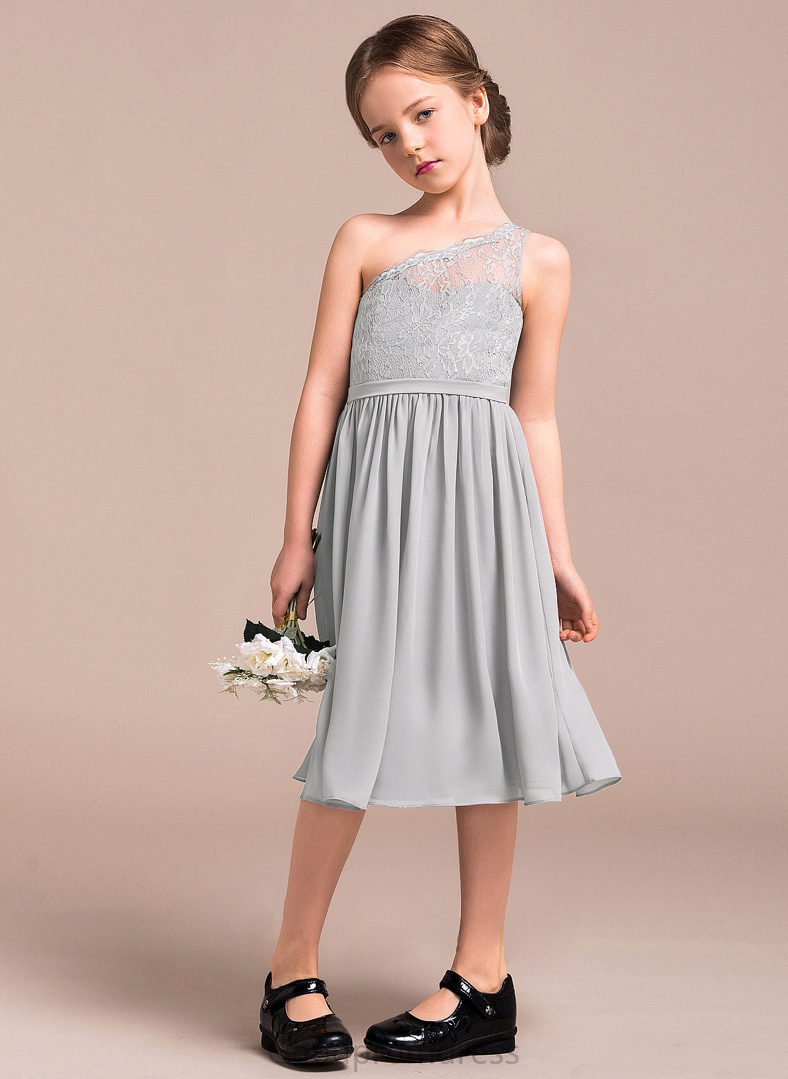 A-Line Chiffon Knee-Length Lace Junior Bridesmaid Dresses Saniyah One-Shoulder