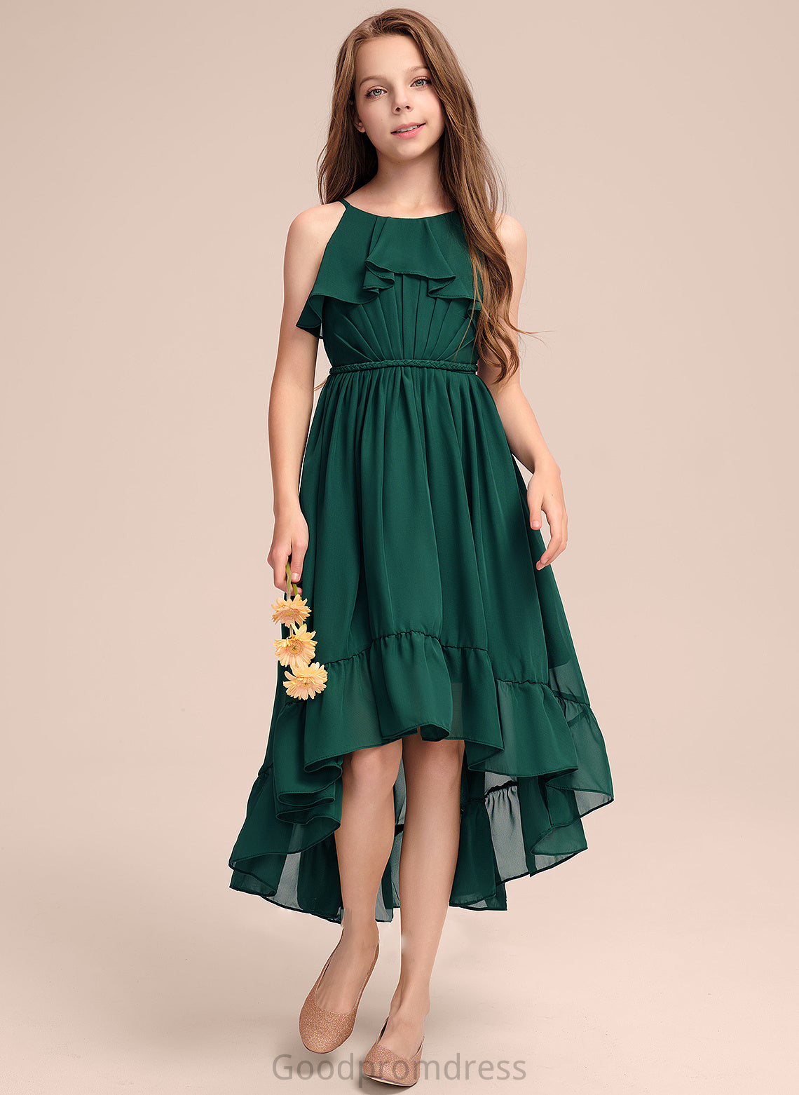 Chiffon Selena Scoop Ruffles Neck Asymmetrical With Cascading A-Line Junior Bridesmaid Dresses