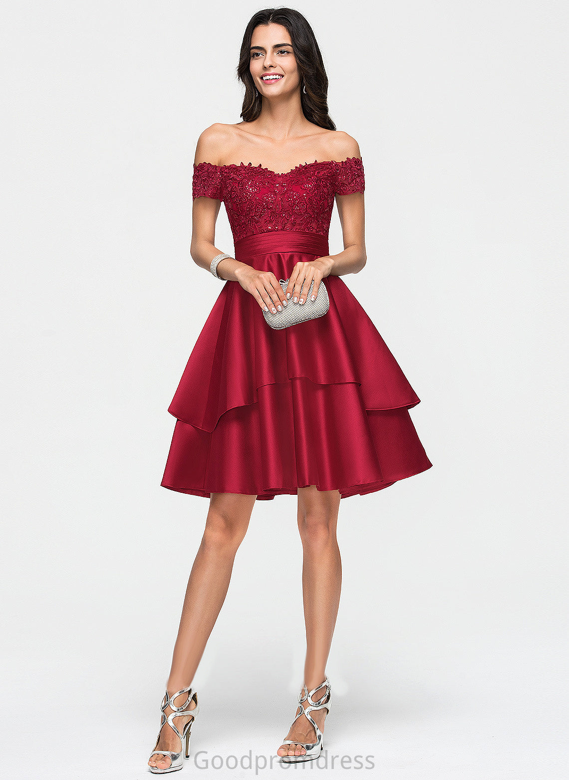 Homecoming Dresses With Satin Lace A-Line Sequins Lorelei Knee-Length Off-the-Shoulder Homecoming Dress