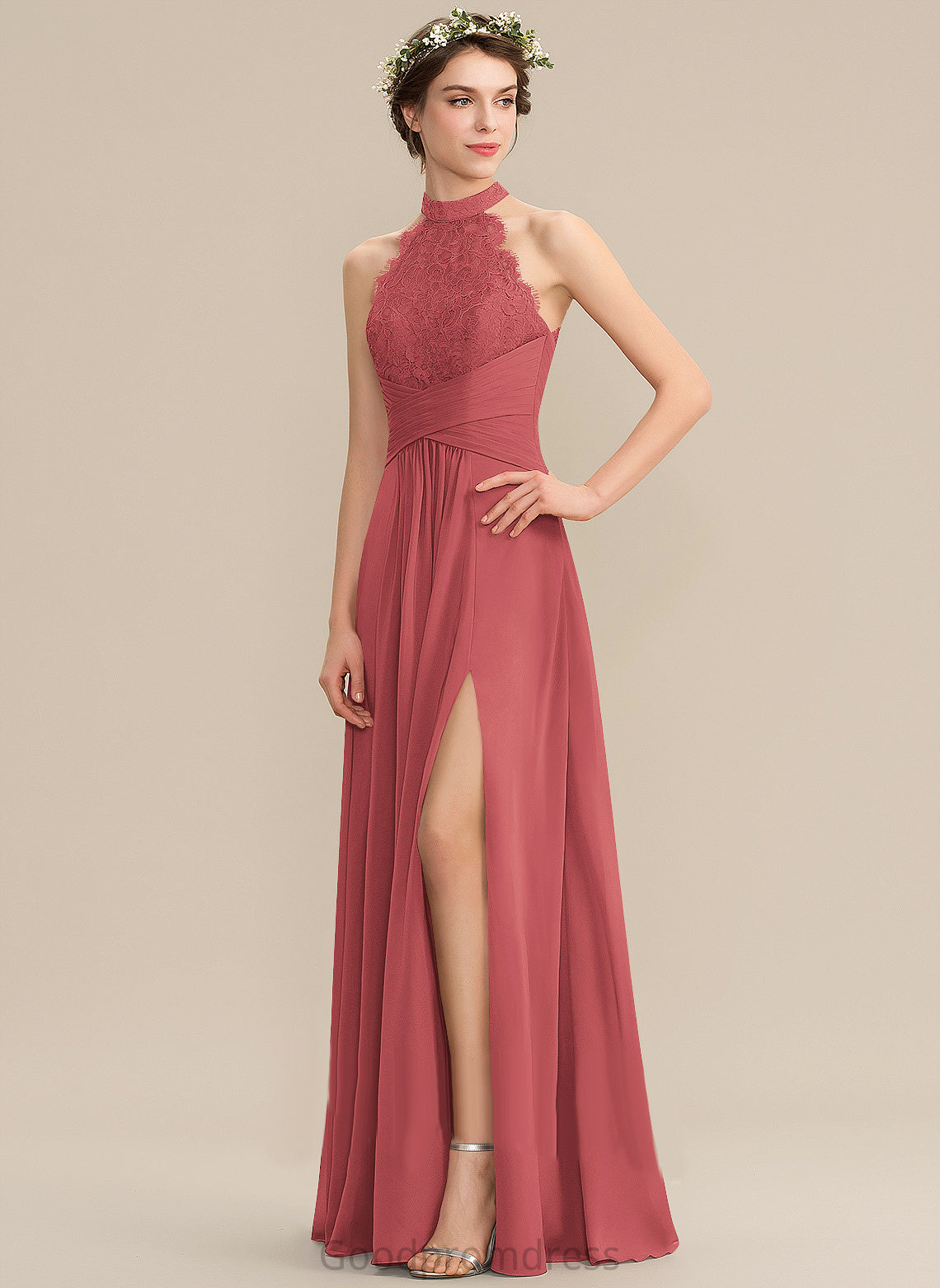 Lace Ruffle High Prom Dresses Front With Split Neck Annika A-Line Floor-Length Chiffon