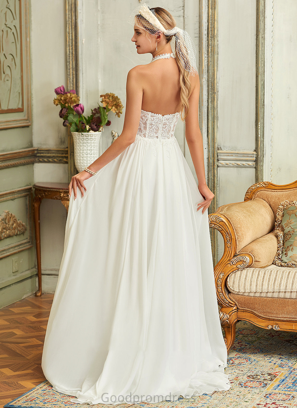 Halter Train Wedding Dress A-Line Lace Chiffon Wedding Dresses Sweep Scarlett