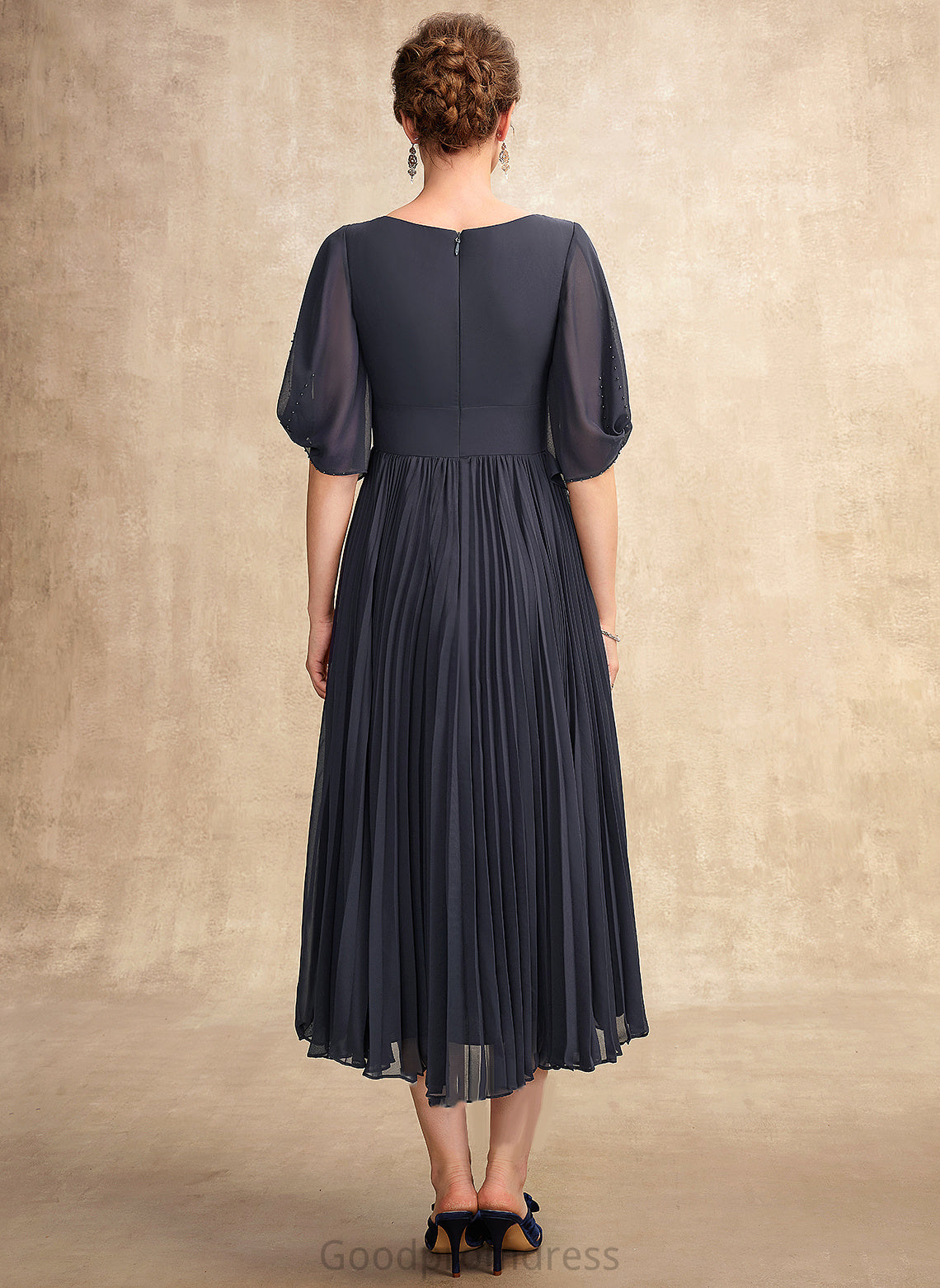 A-Line Chiffon Mother of the Bride Dresses Bride With the Tea-Length Mother Pleated V-neck of Dress Michaela