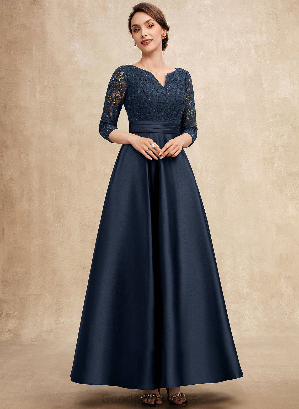 Satin Beading the Mother of the Bride Dresses Ankle-Length With Lace Dress Mother V-neck Tina of Bride A-Line