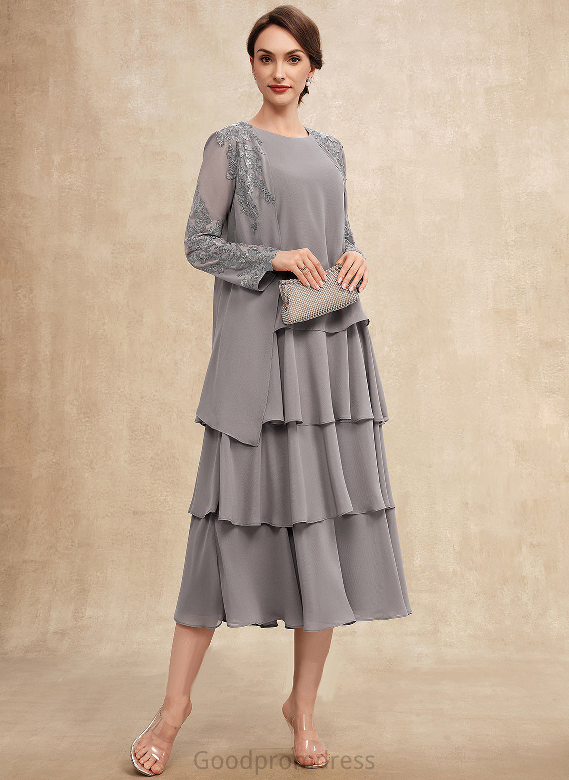 Bride Dress With the Karley Cascading Mother of the Bride Dresses Mother Tea-Length Ruffles A-Line Scoop Neck Chiffon of