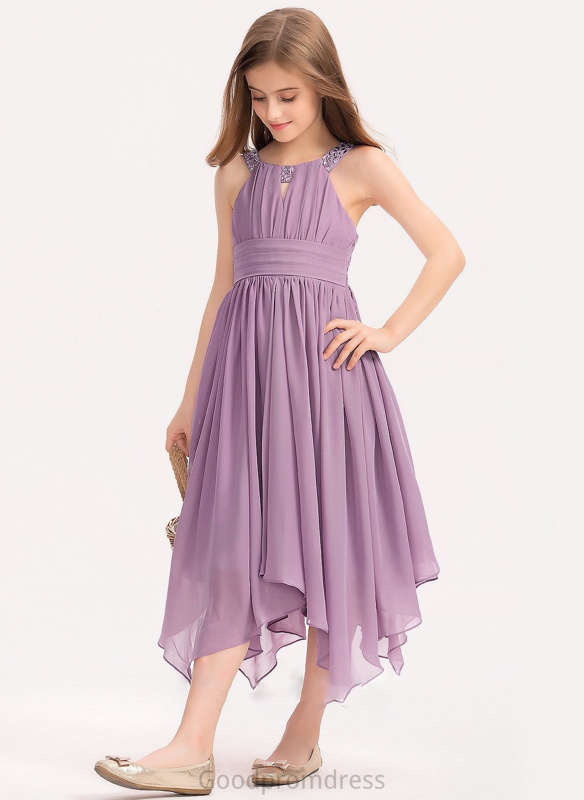 Ruffle Chiffon A-Line Beading With Junior Bridesmaid Dresses Neck Tea-Length Salma Scoop Bow(s)