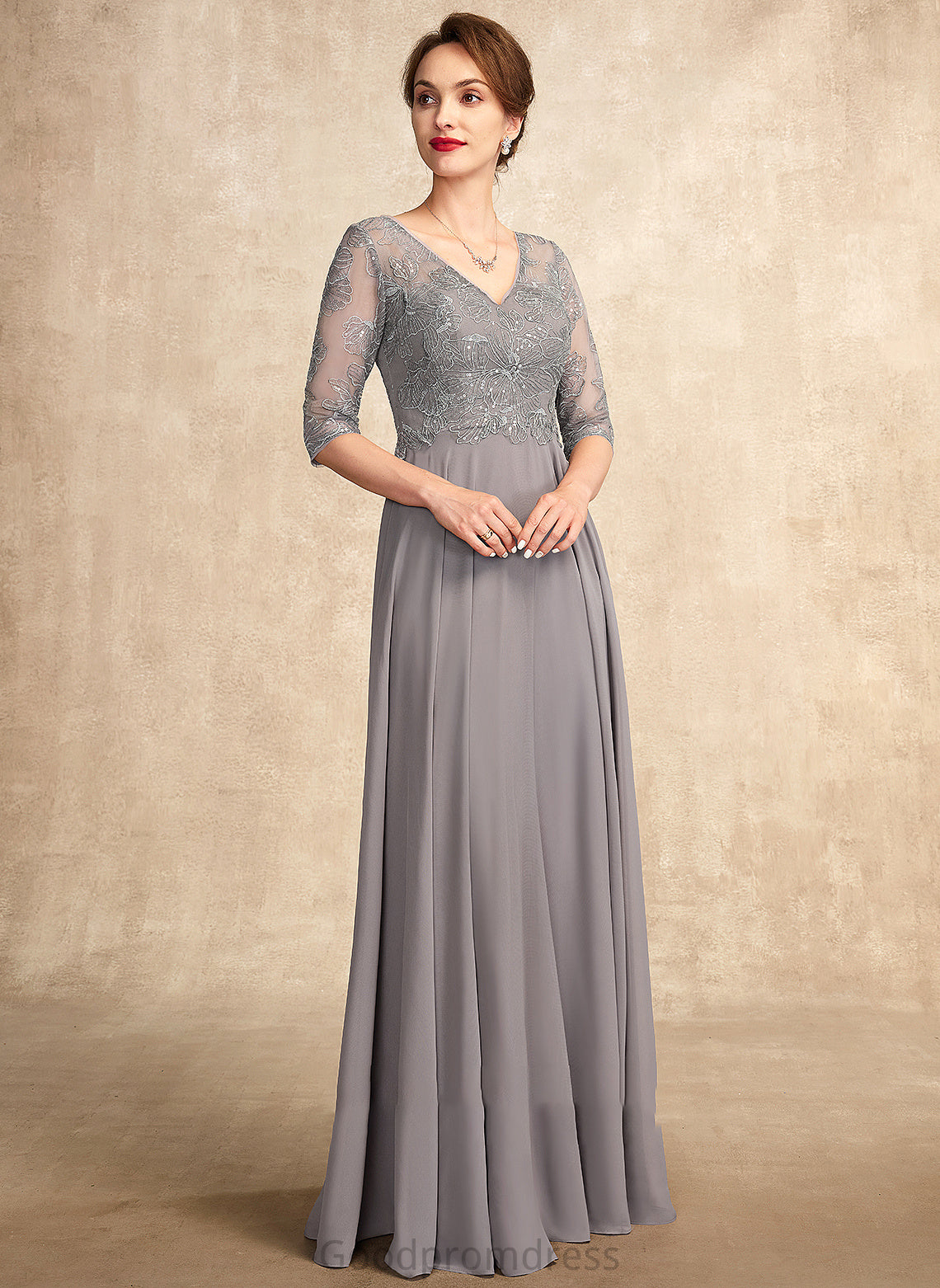 Lace Gloria Chiffon V-neck Bride of With Mother of the Bride Dresses Sequins the A-Line Floor-Length Dress Mother