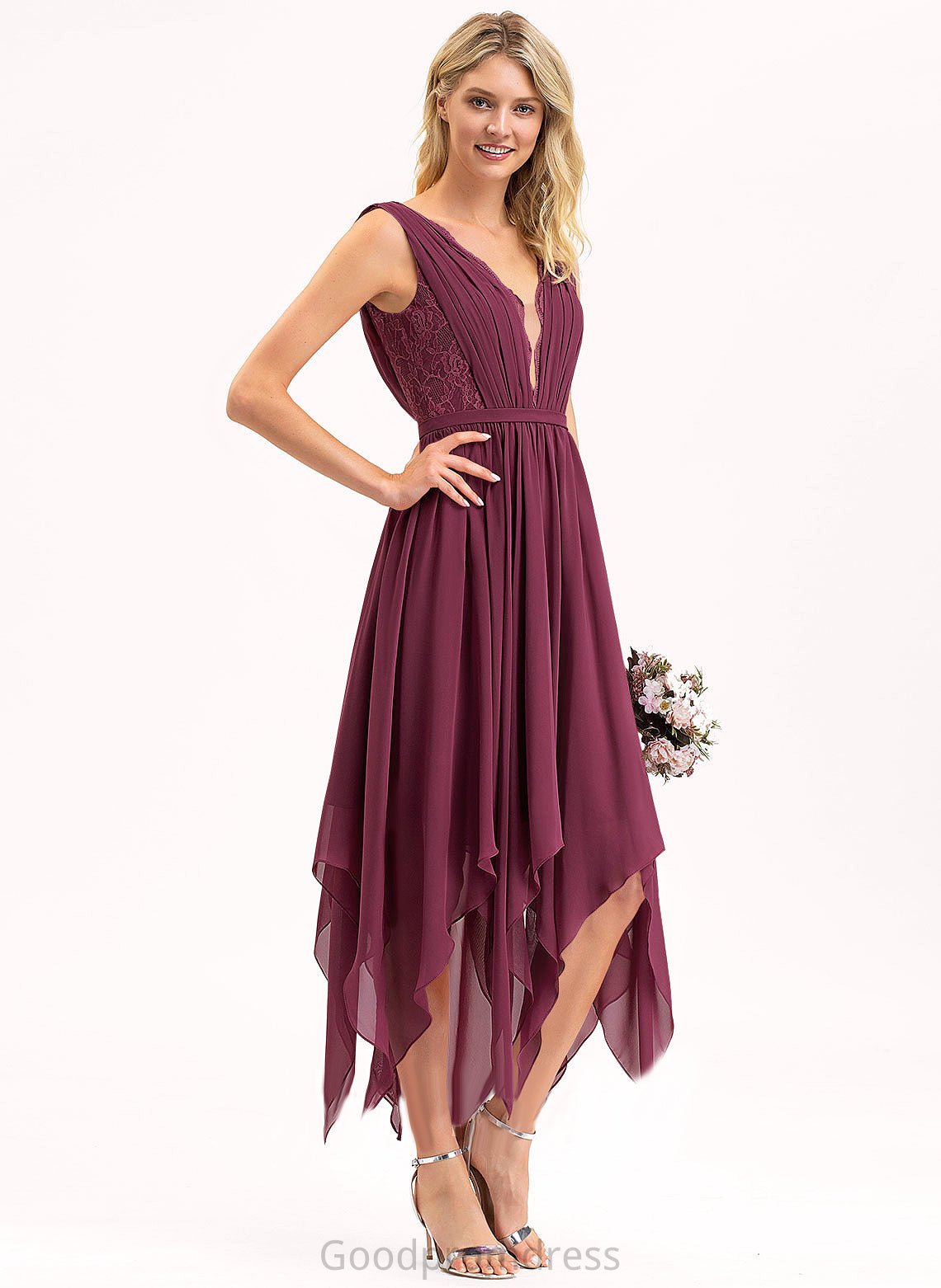 V-neck Ankle-Length Carolina Dress A-Line Cocktail Dresses Cocktail Lace Chiffon