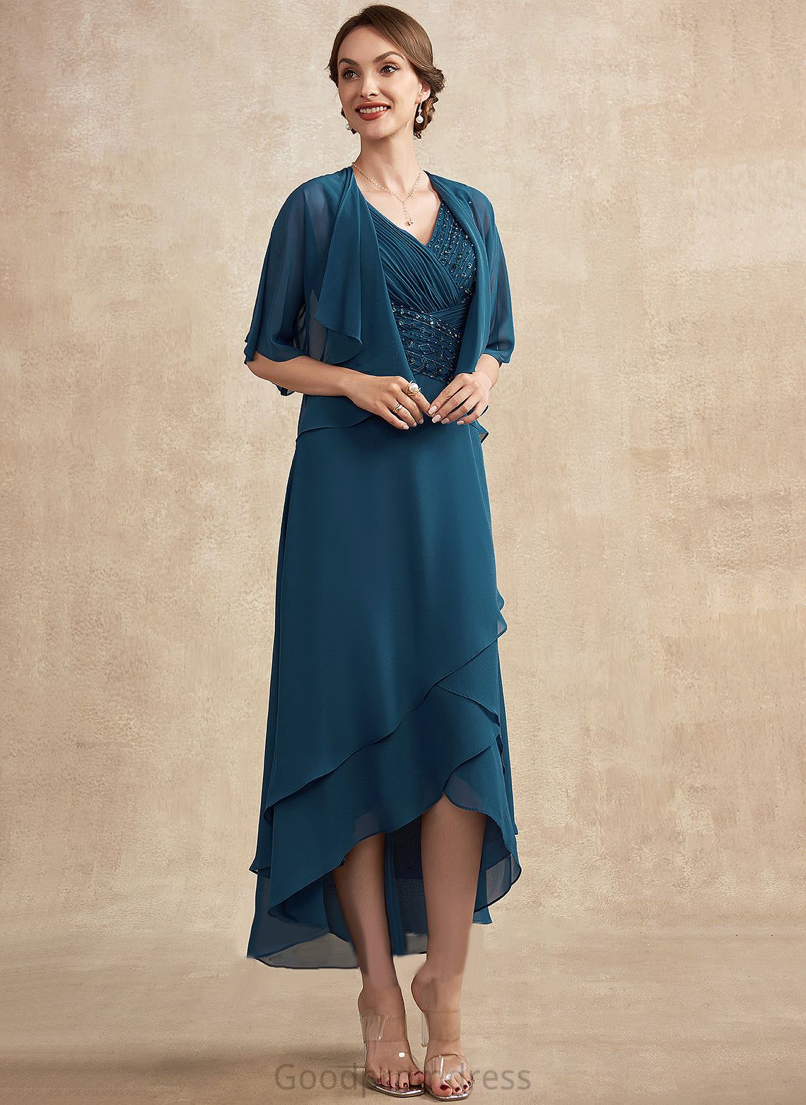 Chiffon Asymmetrical Mother of the Bride Dresses the A-Line With V-neck Ruffle Bride Sequins Dress of Beading Mother Fiona