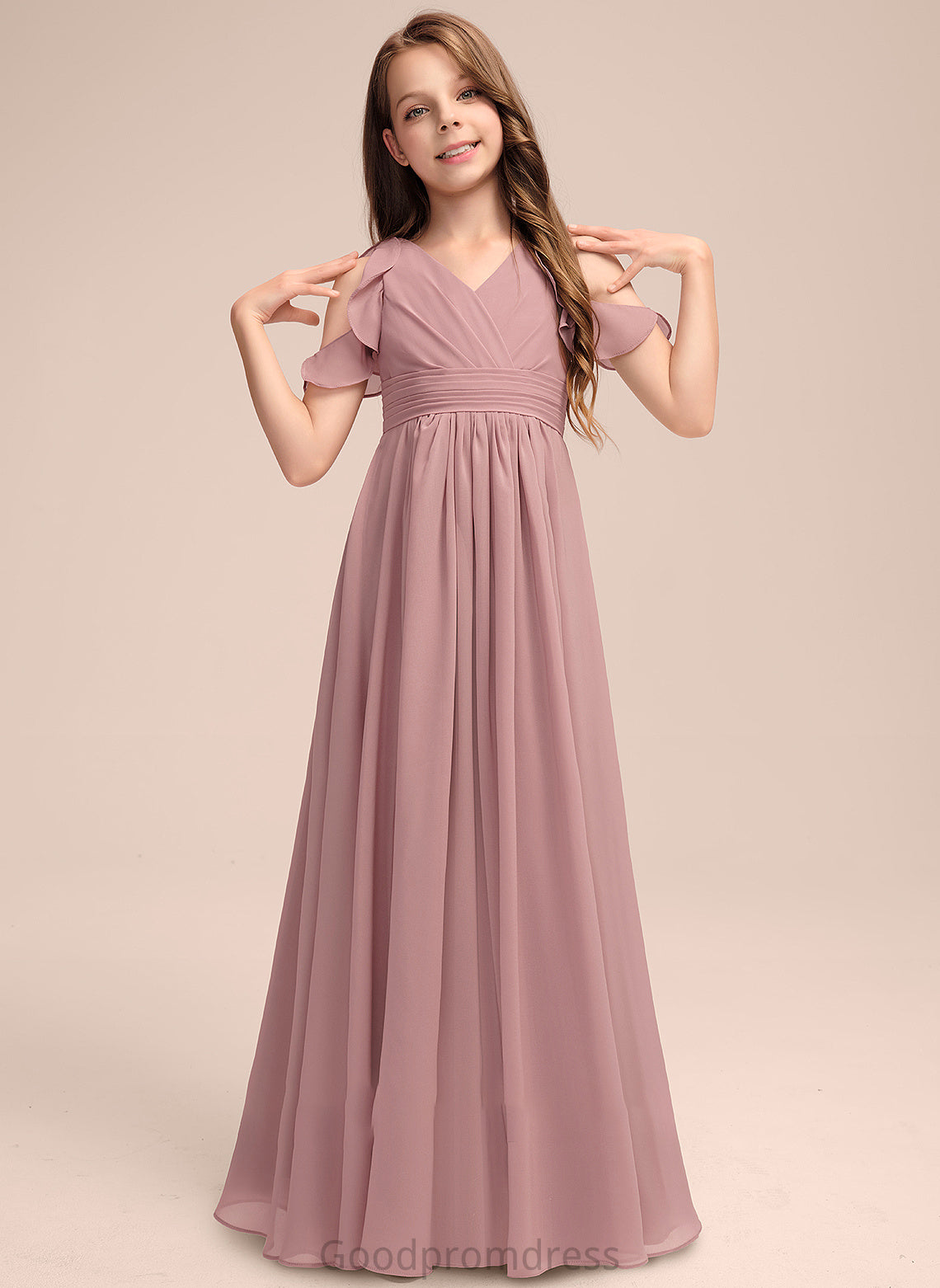 Junior Bridesmaid Dresses Floor-Length Cascading V-neck Christina Chiffon Ruffles With A-Line