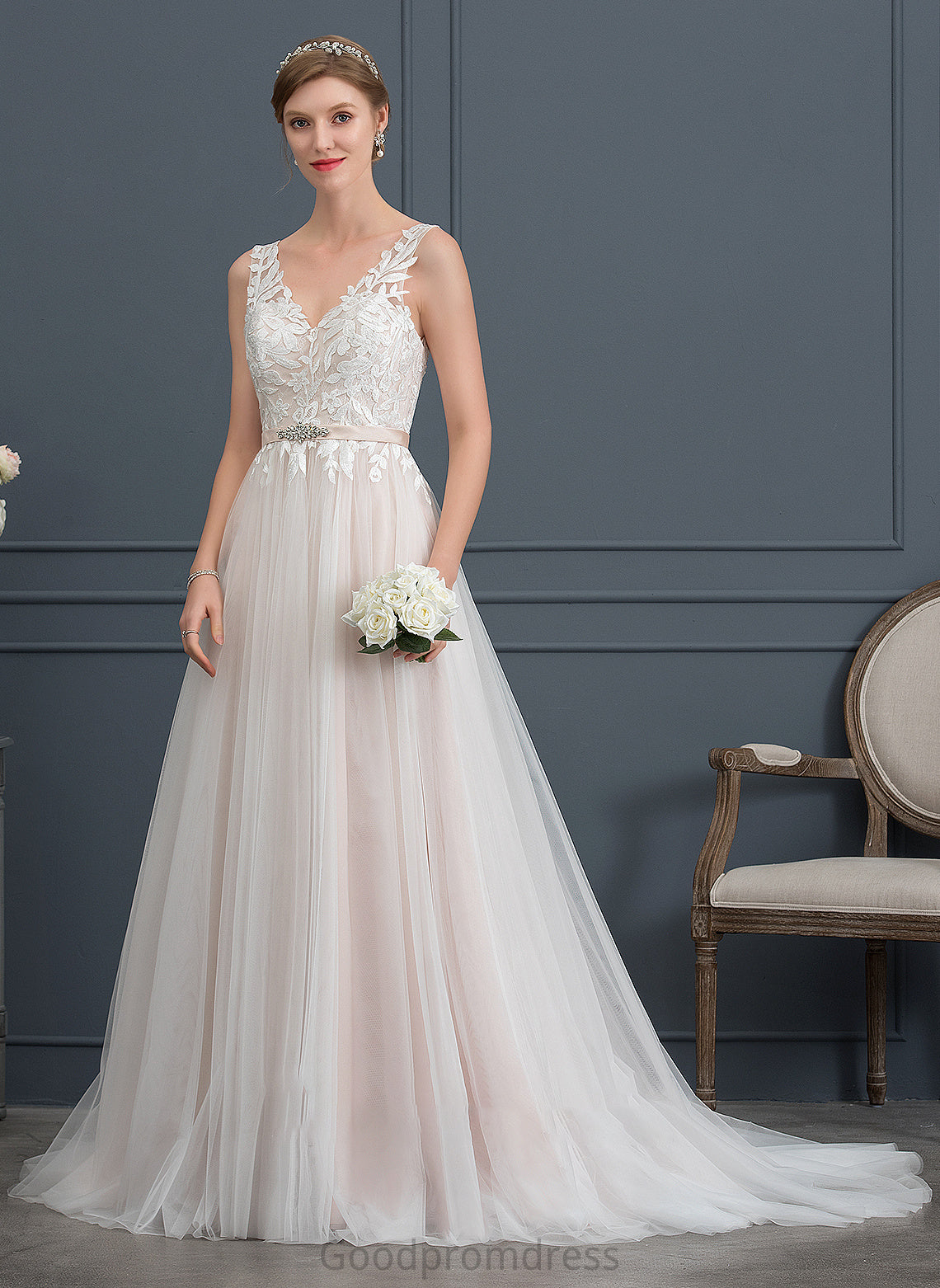 Salome Wedding A-Line Beading Tulle Train Dress Wedding Dresses V-neck Court With