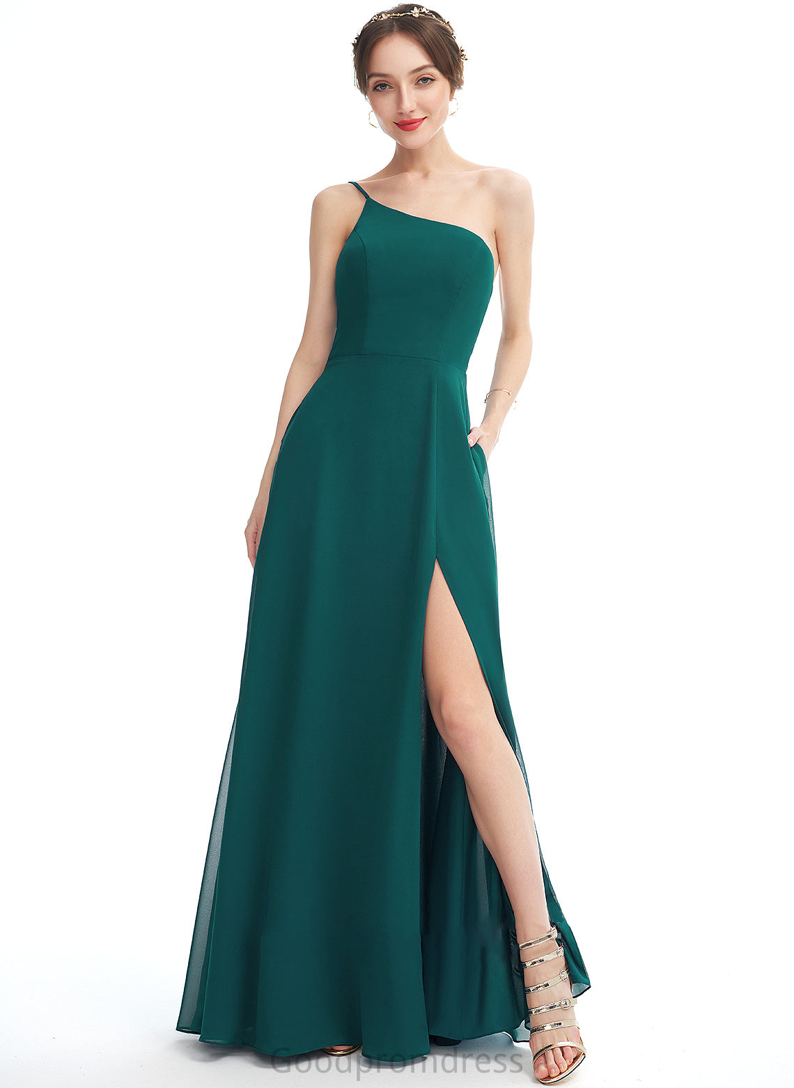 Length A-Line Fabric Silhouette Embellishment One-Shoulder SplitFront Floor-Length Pockets Neckline Ivy Sleeveless Bridesmaid Dresses