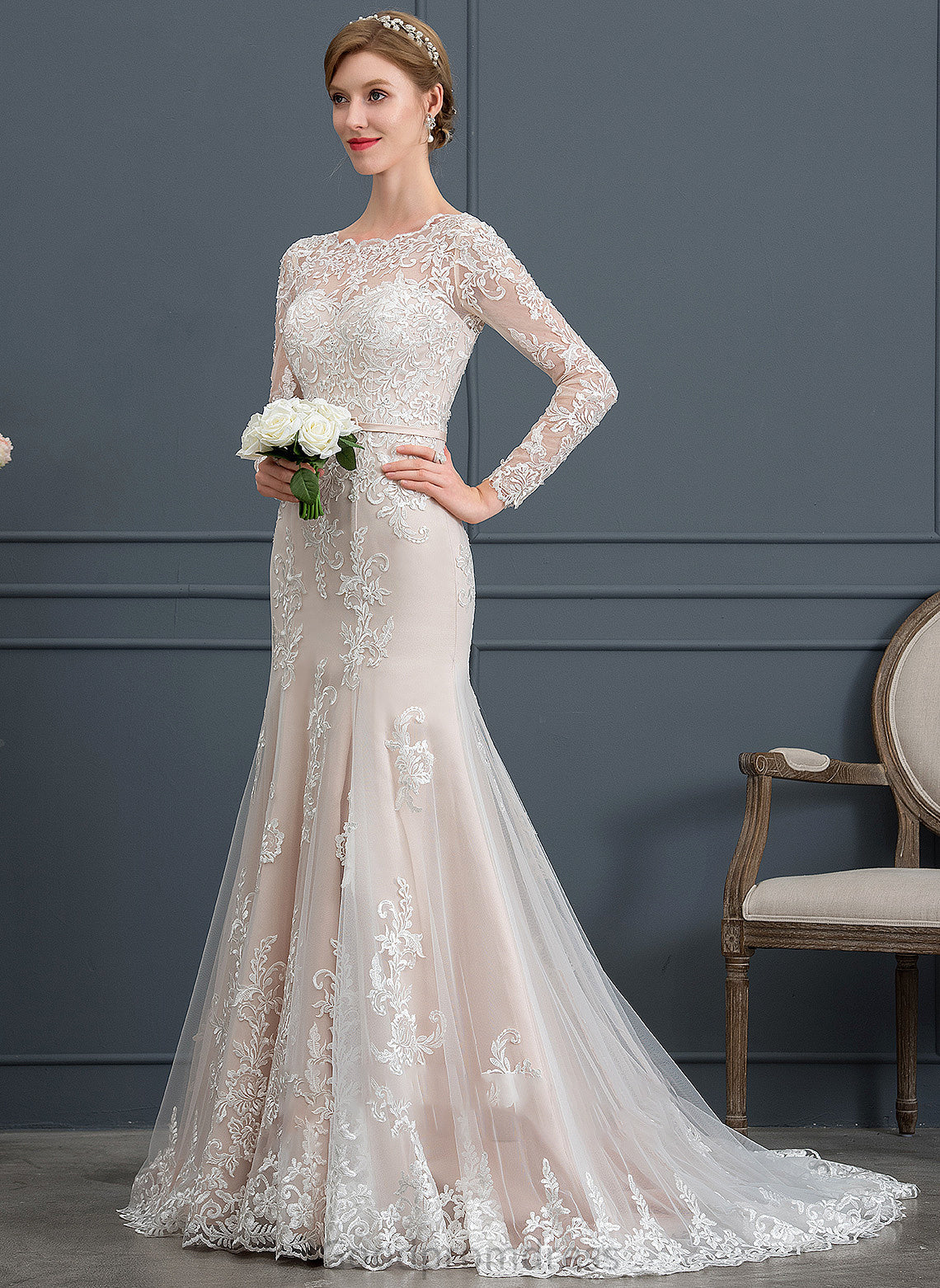 Trumpet/Mermaid Dress With Wedding Dresses Bow(s) Train Wedding Sequins Scoop Briley Tulle Neck Court Beading