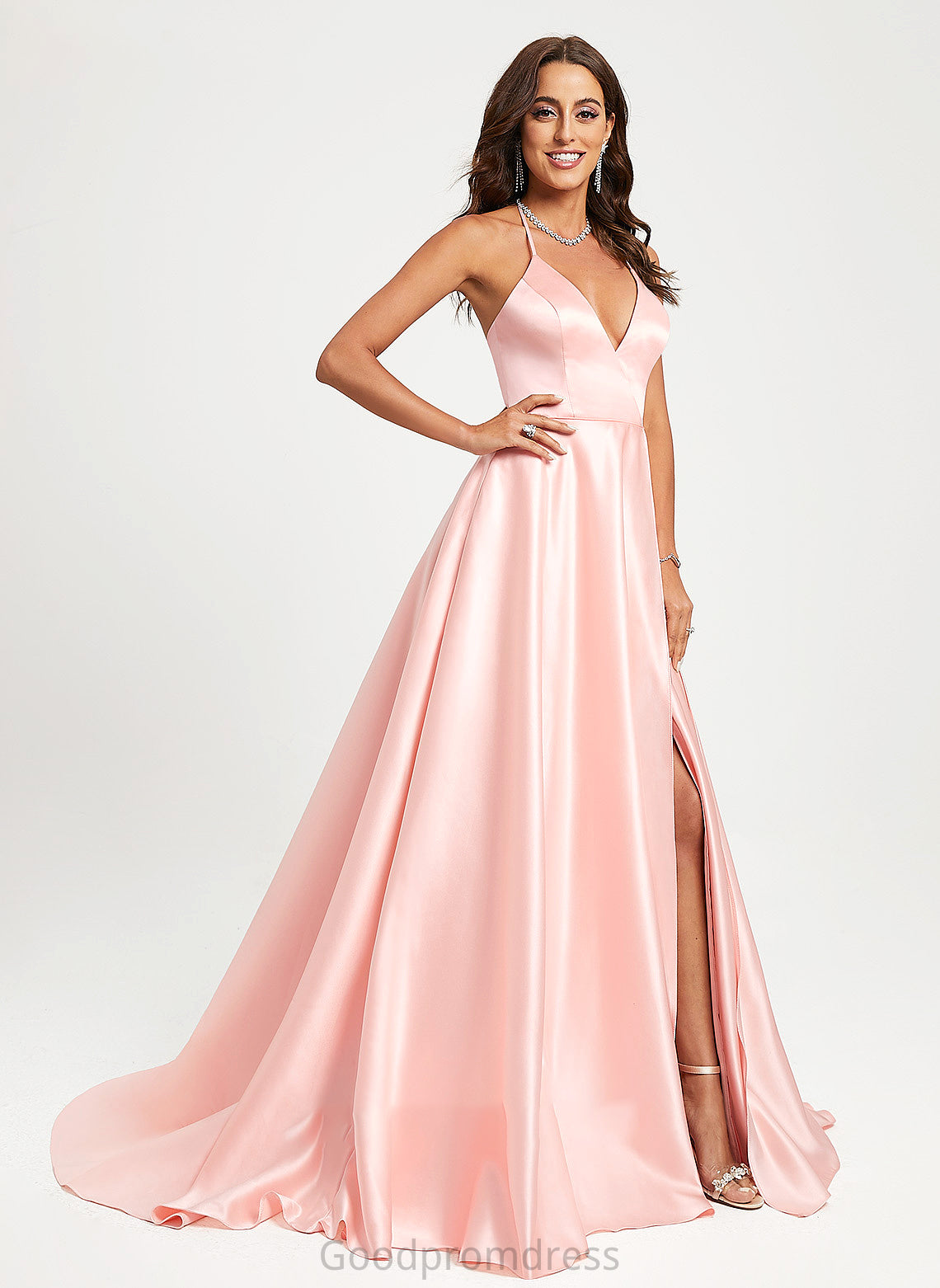 A-Line Prom Dresses V-neck Satin Kathryn Sweep Train