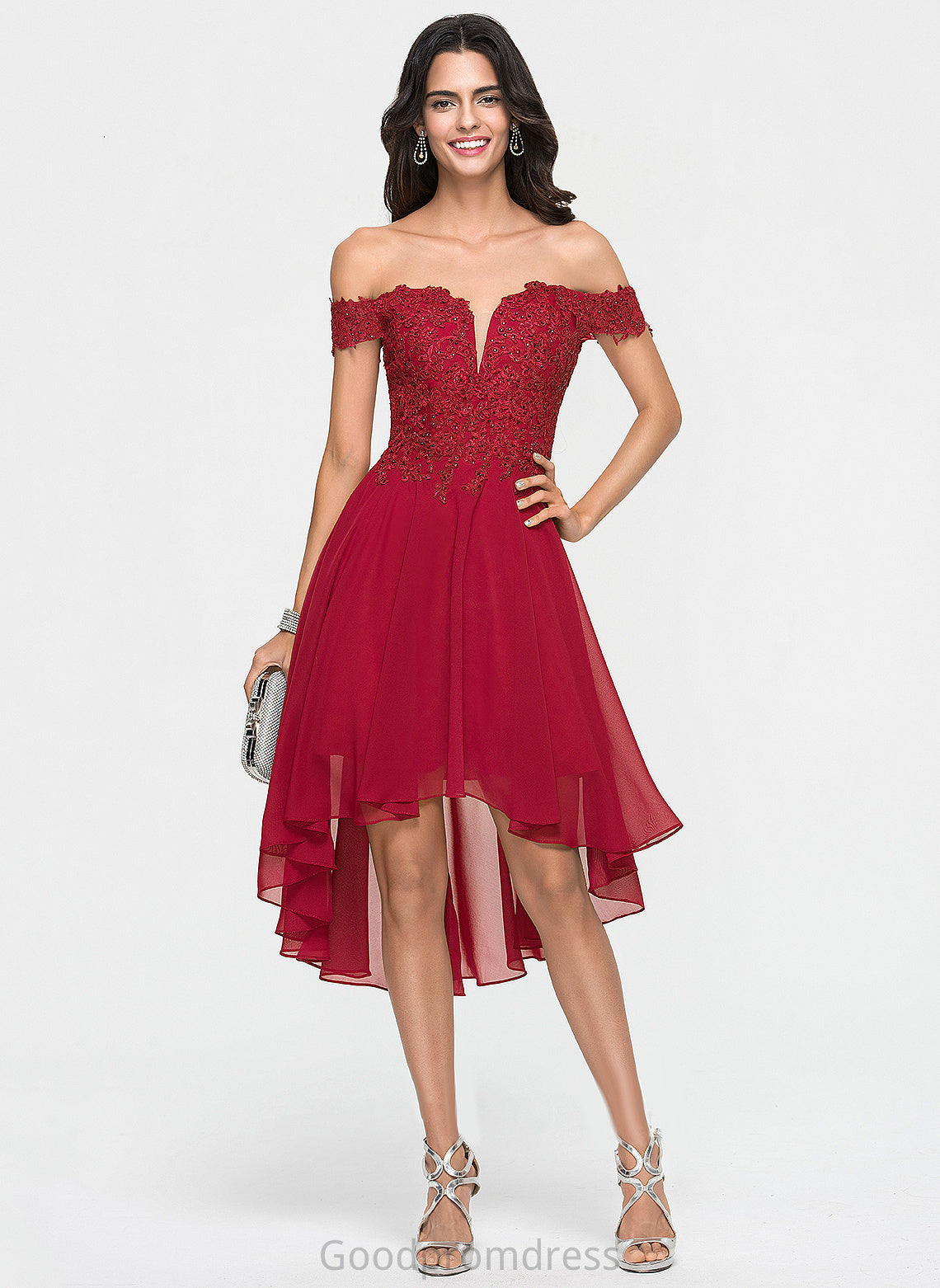 Homecoming Dresses Jaelynn Asymmetrical Chiffon Off-the-Shoulder A-Line Lace With Homecoming Beading Dress