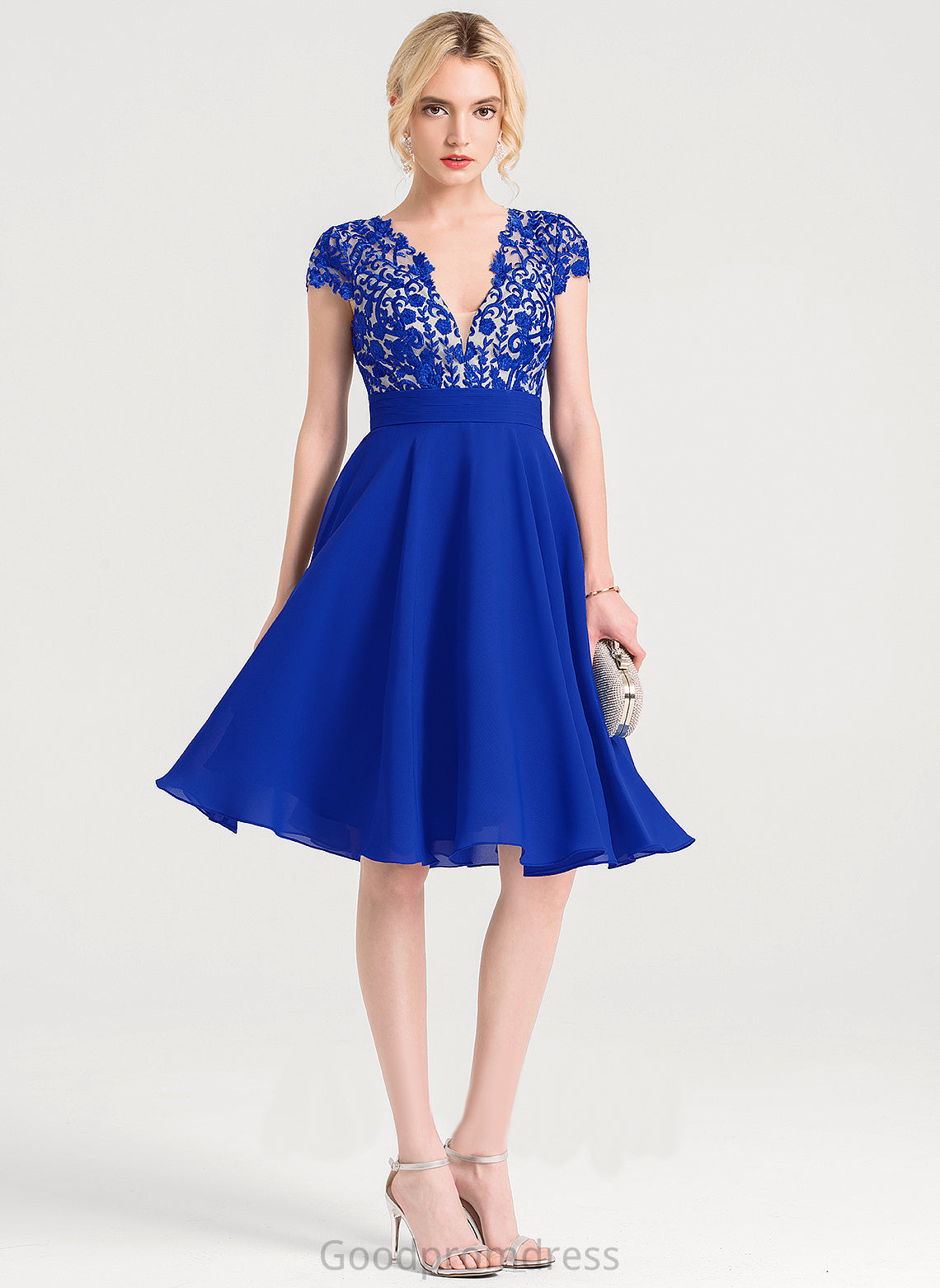 A-Line With Ruffle Cocktail Dresses V-neck Knee-Length Lace Cocktail Valentina Dress Chiffon