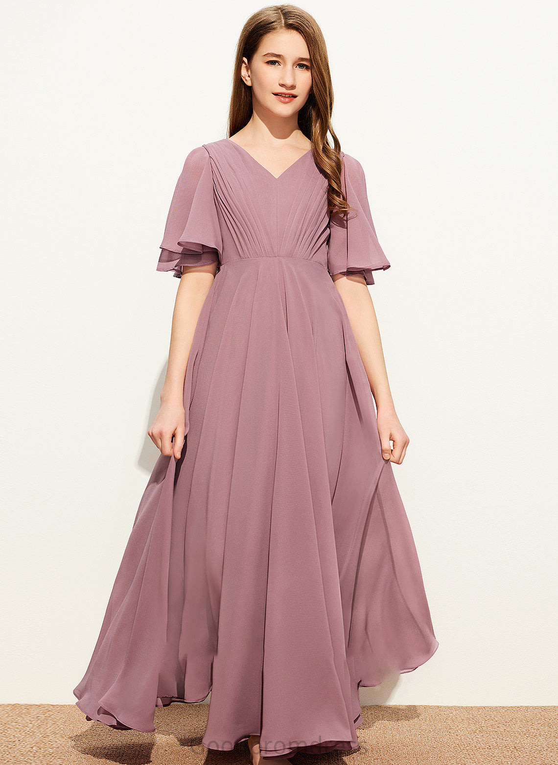 Junior Bridesmaid Dresses Ruffle With A-Line London Chiffon Floor-Length V-neck