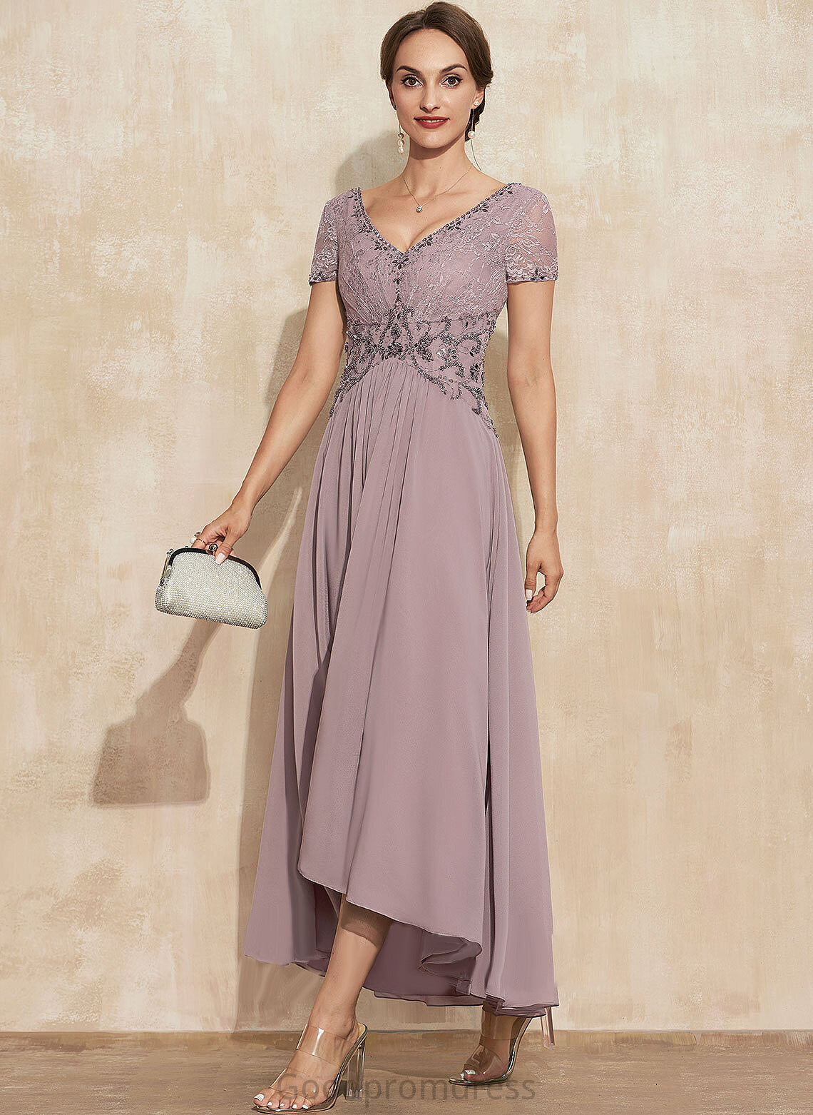 V-neck Lace Mother of the Bride Dresses Dress With Mother Karina Chiffon Beading the Bride A-Line of Asymmetrical