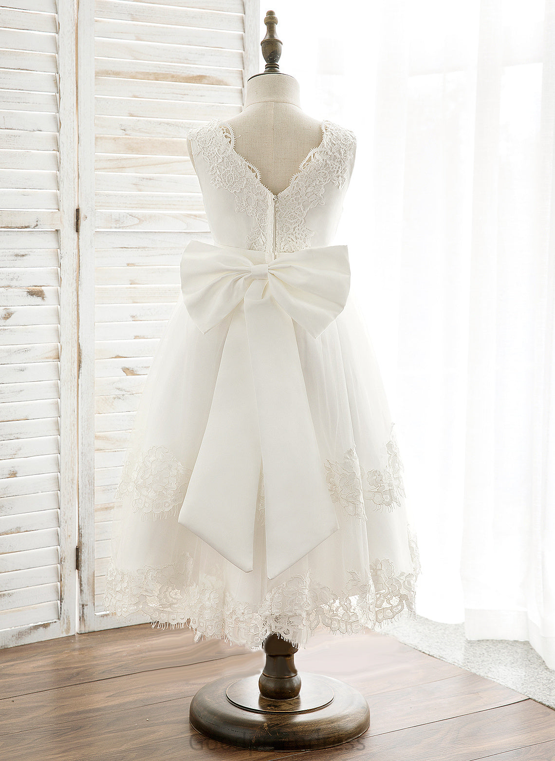 A-Line V-neck Back Girl Dress Sleeveless Tulle/Lace Tea-length With Eve Flower - Flower Girl Dresses Bow(s)/V