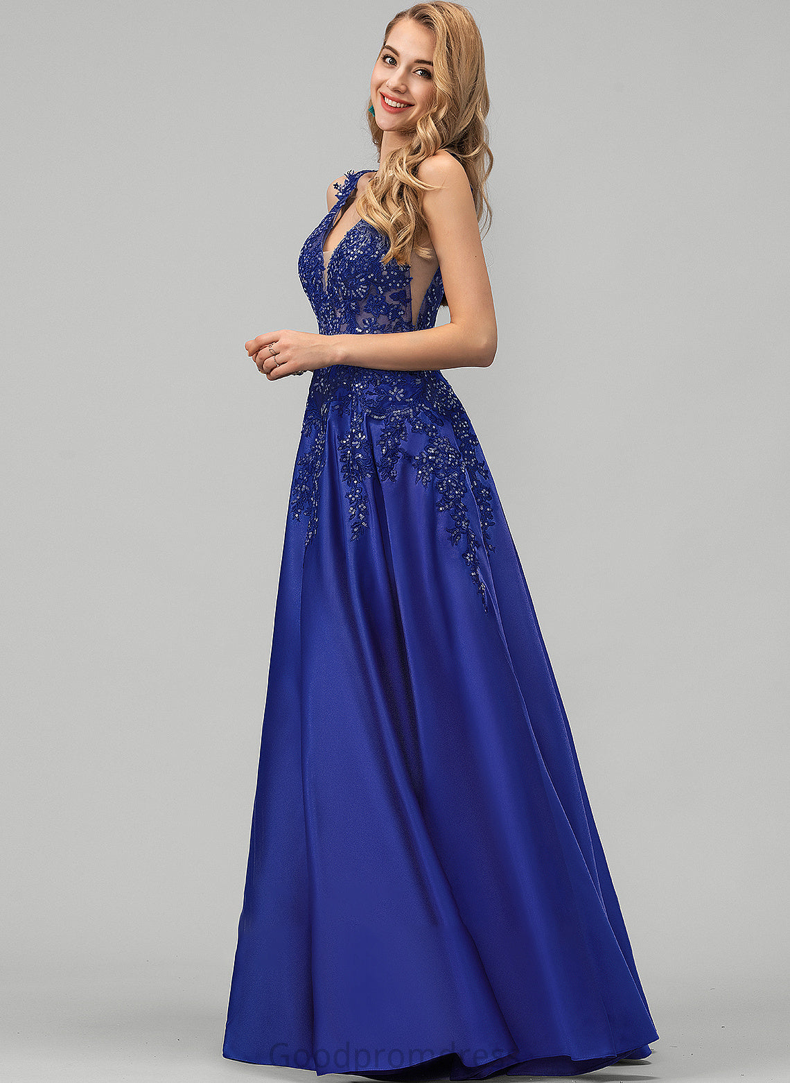 Prom Dresses A-Line Satin With Esmeralda Lace Floor-Length V-neck Sequins