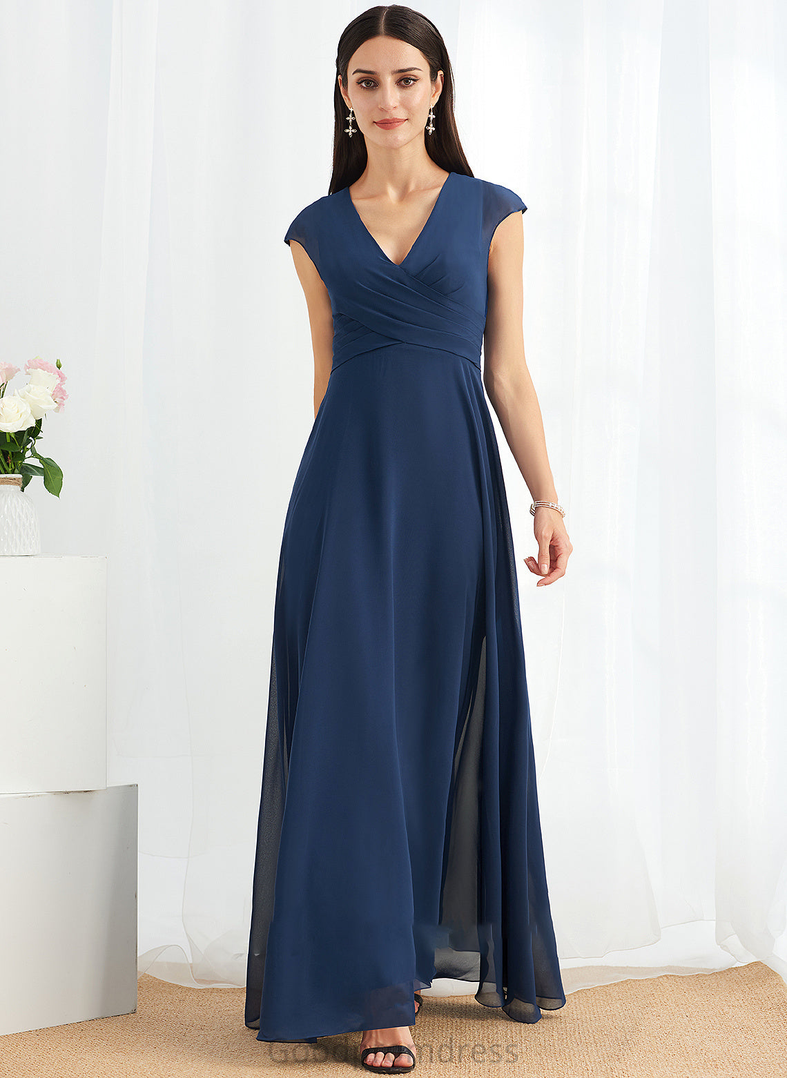 Silhouette A-Line Fabric Neckline Floor-Length Ruffle Length Embellishment V-neck Rayna A-Line/Princess Floor Length Bridesmaid Dresses