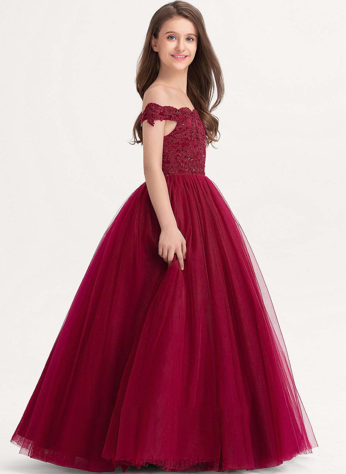 Lace With Aliyah Beading Junior Bridesmaid Dresses Ball-Gown/Princess Sequins Floor-Length Tulle Off-the-Shoulder