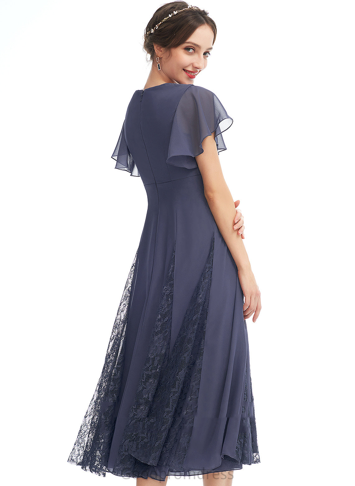 Knee-Length Cocktail Maritza Ruffle A-Line V-neck With Cocktail Dresses Dress Lace Chiffon