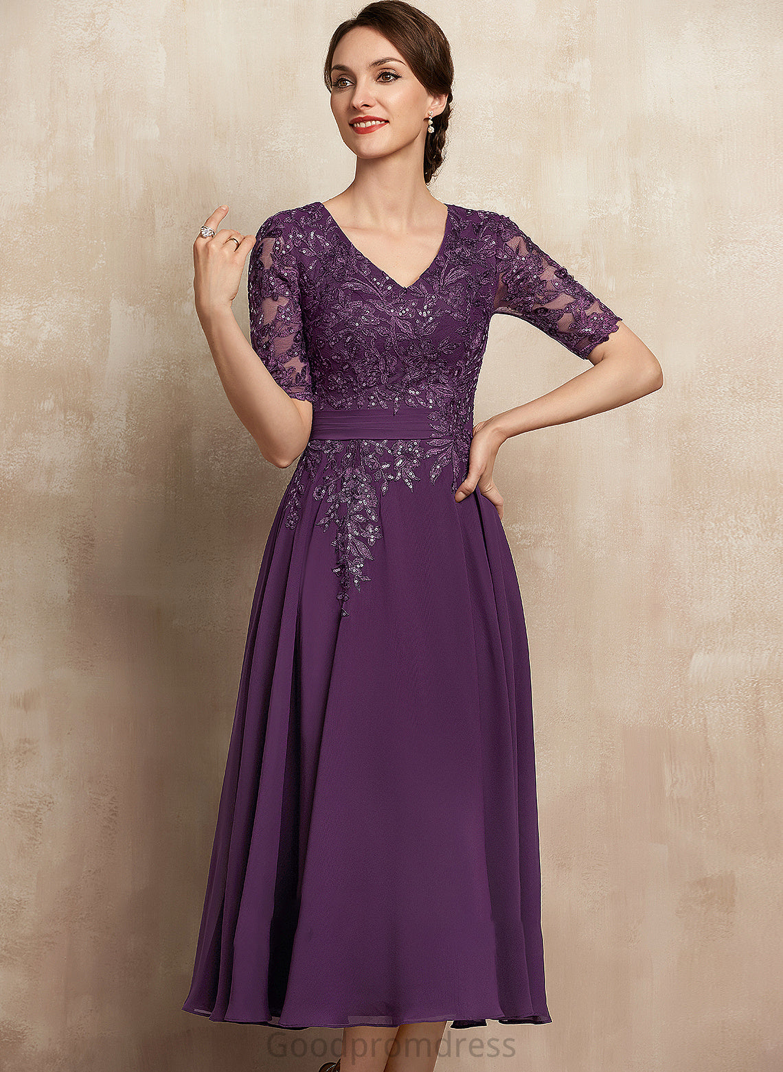 Janelle A-Line Mother V-neck Mother of the Bride Dresses Lace the Sequins Bride Tea-Length of Chiffon With Dress