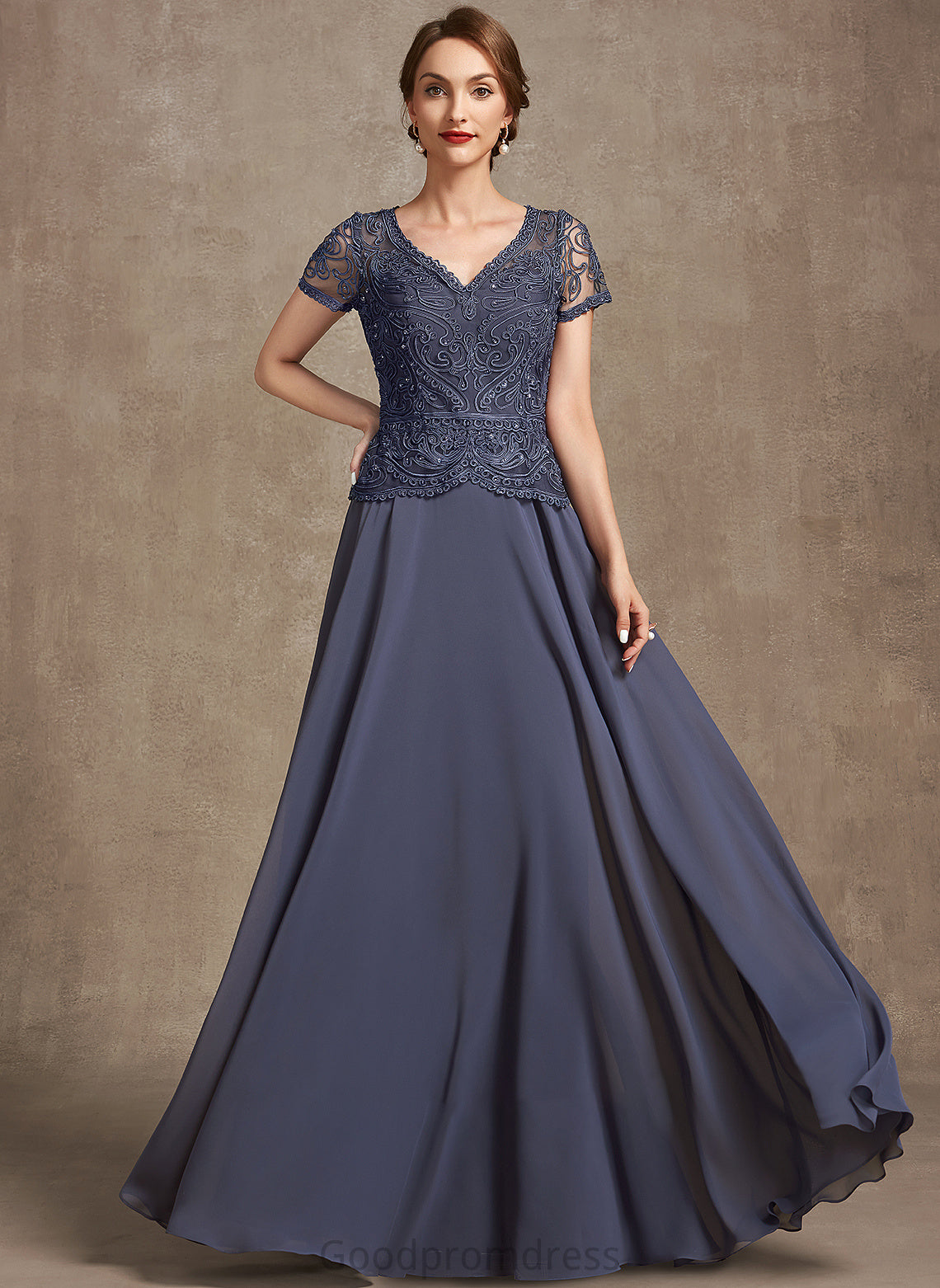 Mother With A-Line Mother of the Bride Dresses of Bride Floor-Length Dress Sequins the V-neck Chiffon Lauretta Lace