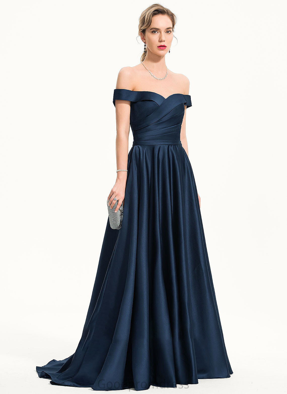 A-Line Prom Dresses With Satin Sweep Train Off-the-Shoulder Pockets Aria