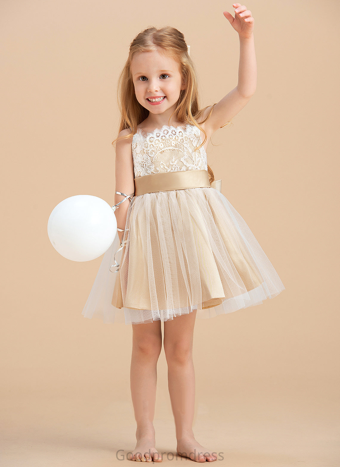 Girl Tulle/Lace Flower Ginny Sleeveless Flower Girl Dresses With - Sash/Bow(s) Dress Straps (Undetachable sash) Knee-length A-Line/Princess