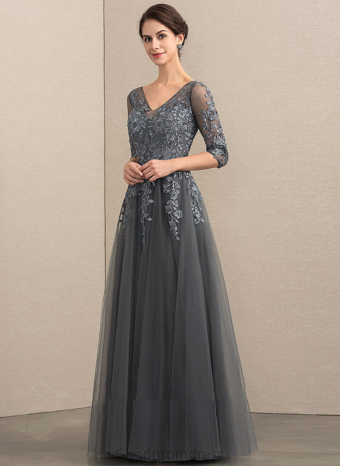 With Bride V-neck Mother of the Bride Dresses Beading Tulle of A-Line Mother Lace Sequins Dress Presley Floor-Length the