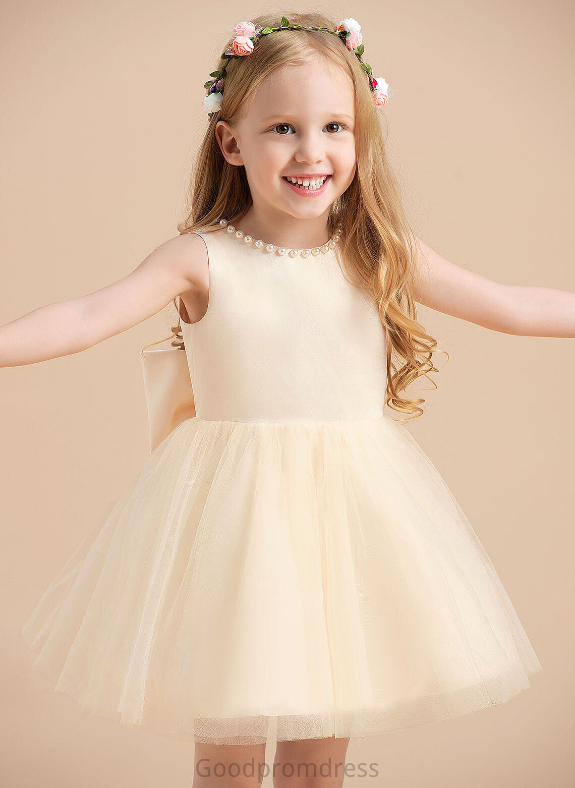 Satin/Tulle - Knee-length Dress A-Line Caitlyn Flower Neck Scoop Sleeveless With Beading Girl Flower Girl Dresses