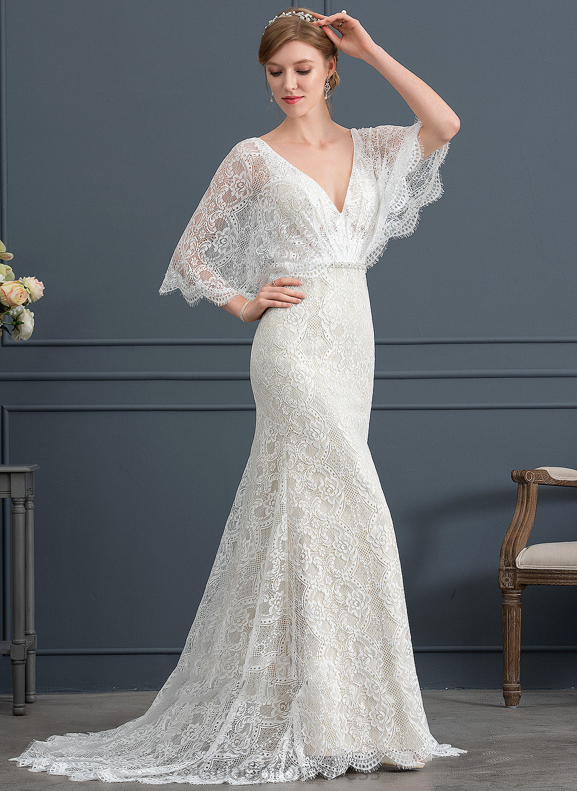 Lace Trumpet/Mermaid Wedding Dresses Wedding Sequins Train Stacy Sweep Dress V-neck With Beading