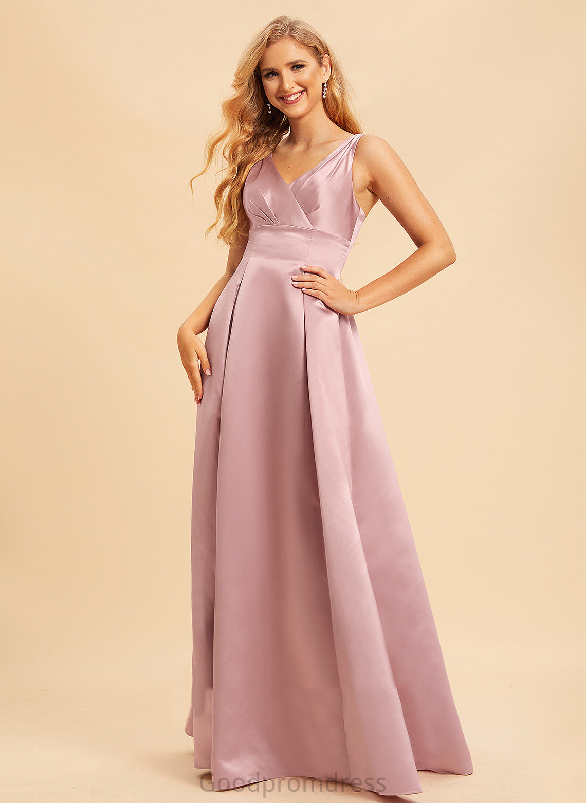 Neckline Length Fabric Satin A-Line Straps Floor-Length Silhouette V-neck Paloma Natural Waist Sleeveless Bridesmaid Dresses