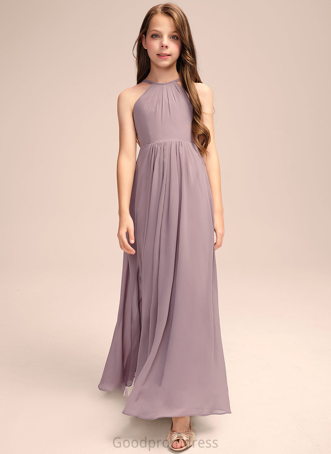 With A-Line Cascading Scoop Lena Floor-Length Junior Bridesmaid Dresses Ruffles Chiffon Neck